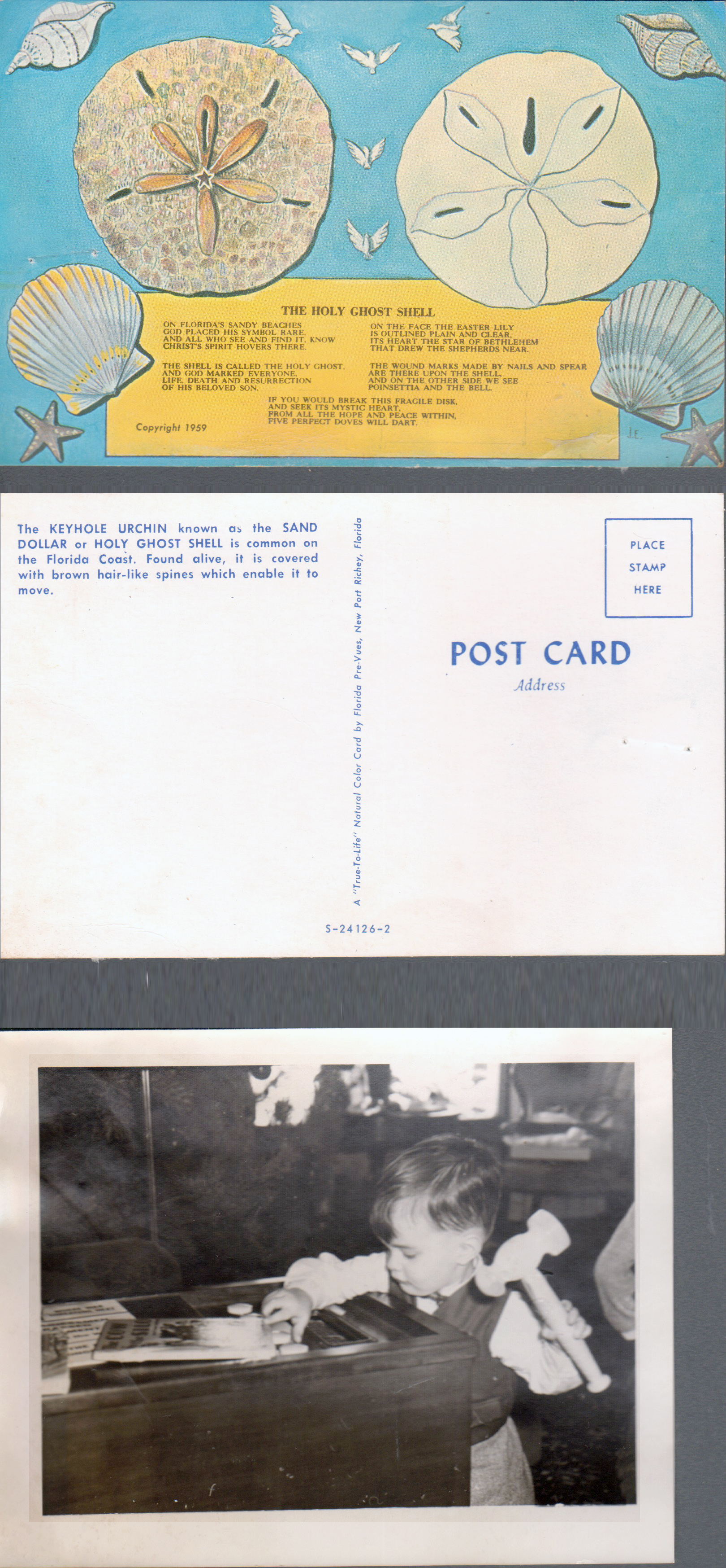 Postcard S-24126-2 - The Holy Ghost Shell. Alan with hammer at the console radio/record player at 8815 Haverstick 