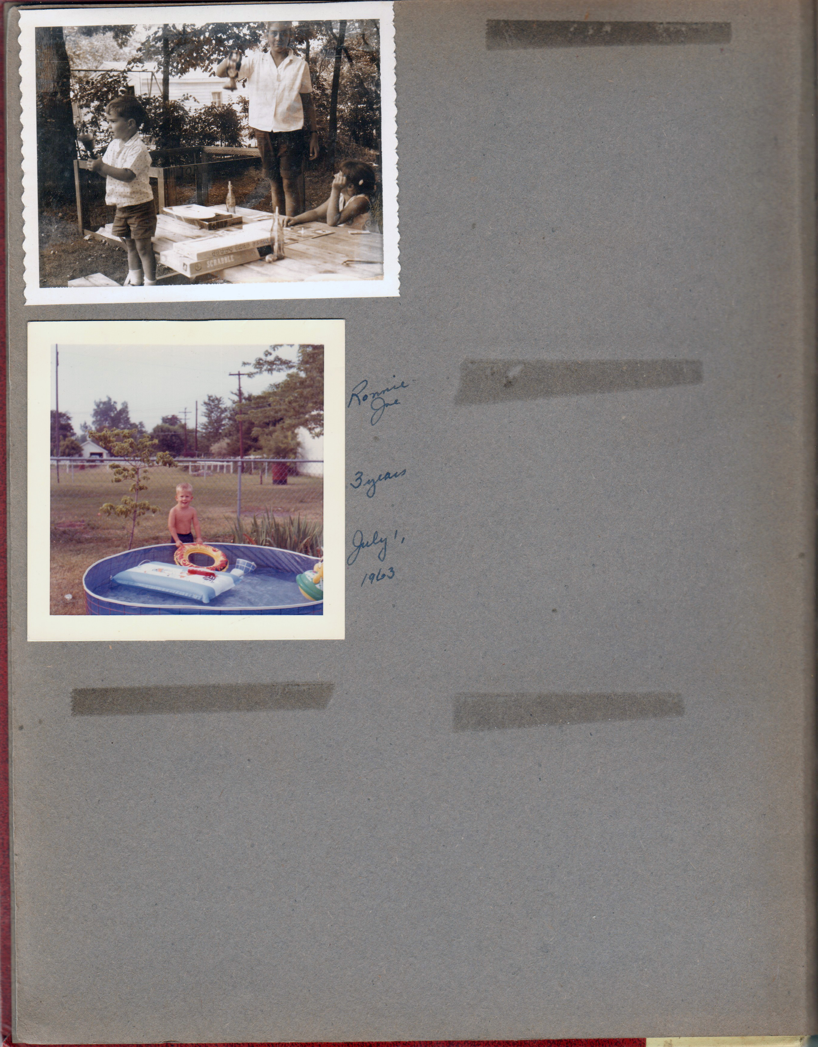 6122 back yard - Alan ringing bell, Susan (Alan is ringing a school bell that is over 100 years old. It belonged to Maude Williams. Susan is ringing the cow bell Warren brought from Switzerland). Ronnie Joe Letsinger 3 years backyard pool.