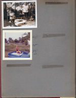 6122 back yard - Alan ringing bell, Susan (Alan is ringing a school bell that is over 100 years old. It belonged to Maude Williams. Susan is ringing the cow bell Warren brought from Switzerland). Ronnie Joe Letsinger 3 years backyard pool.