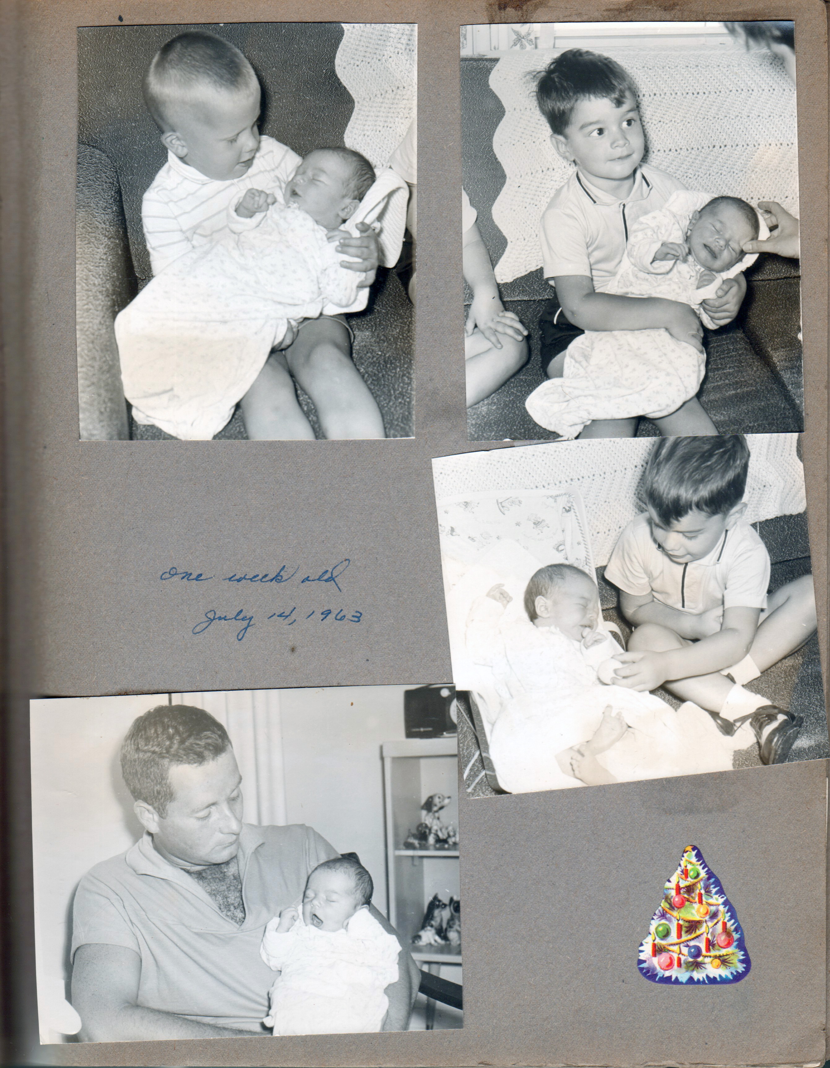 Kenny one week old - Ronnie, Alan, Dave. Christmas tree sticker.