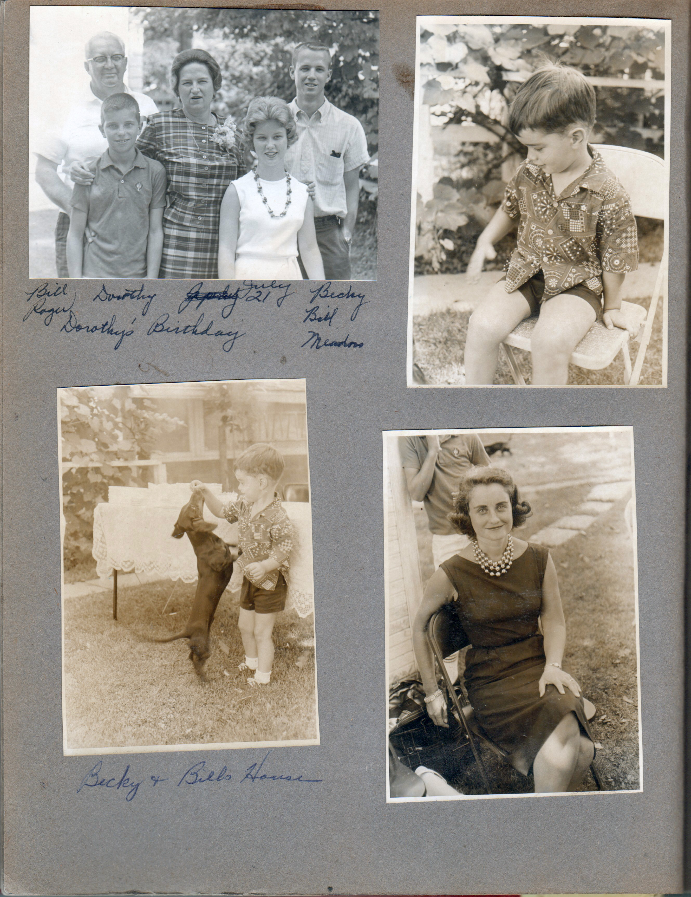 Dorothy's (Louise Cole Waldron) birthday - Bill, Roger, Dorothy, Becky, Bill Meadors. Alan on chair. and with dog at Becky and Bill's house. Rosemary.