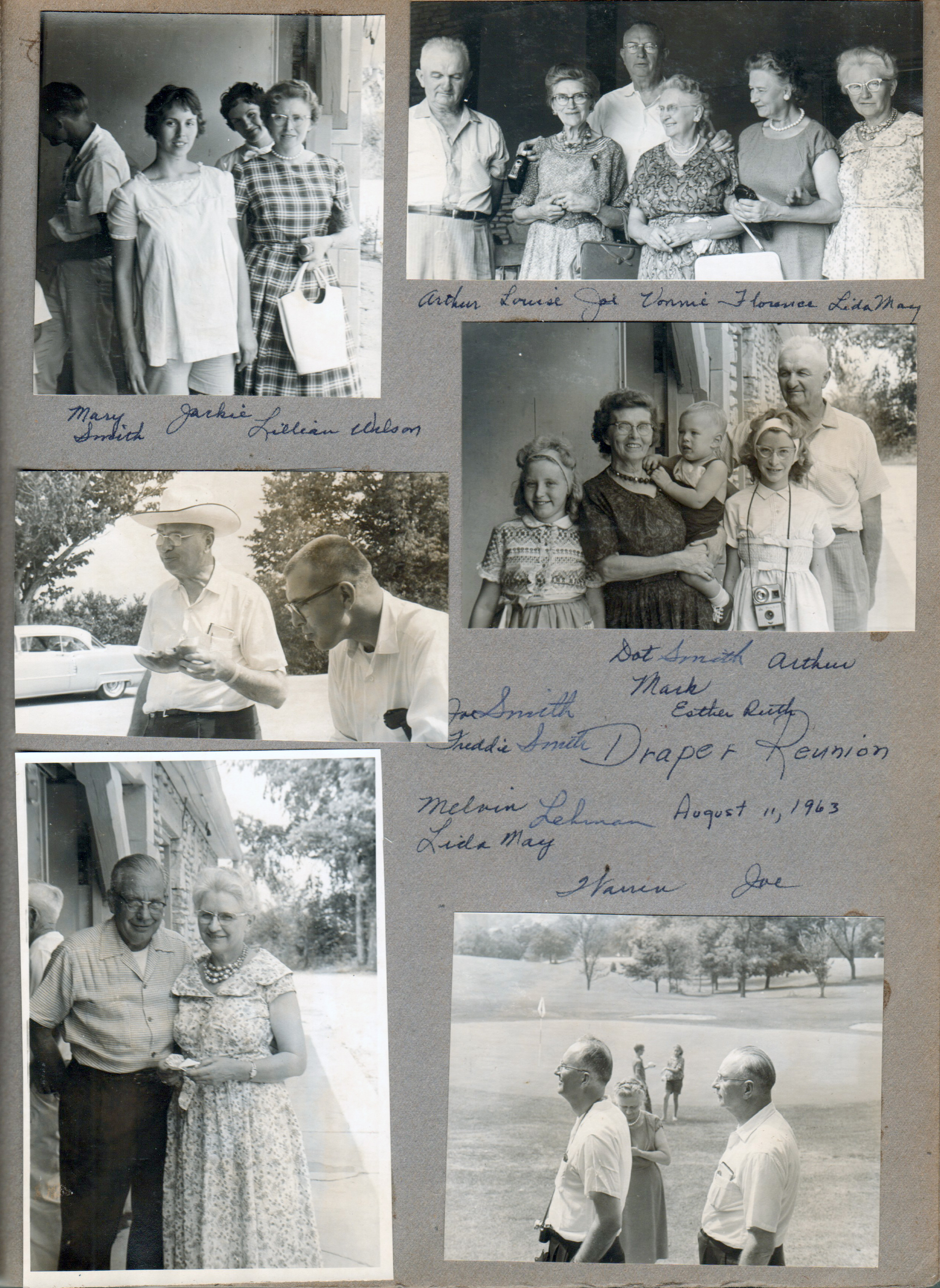 Draper Reunion - Bedford - Mary Smith, Jackie, Lillian Wilson. The Smith kids - Arthur, Louise, Joe, Vonnie, Florence, Lida May. Joe Smith eating watermelon and Freddie Smith. Dot Smith, Mark, Esther Ruth, Arthur Smith. Melvin and Lida May (Smith) Lehman. Warren Letsinger and Joe Smith on golf course.