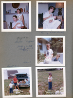 Susan's 11th birthday. 6122 living room mantle - Betty, Kenny and Susan. Driveway - Susan with cake, Alan. 8815 Haverstick farm - Susan and Alan shucking sweet corn.