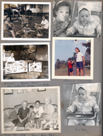 6122 back yard - Susan and friend on merry go round (VW Beetle in driveway). Susan's Barbie House. Brown County - Alan and Susan. Louise Williams (across the street) Alan, Susan, Maud Williams.  Mary Helen Hague in stroller