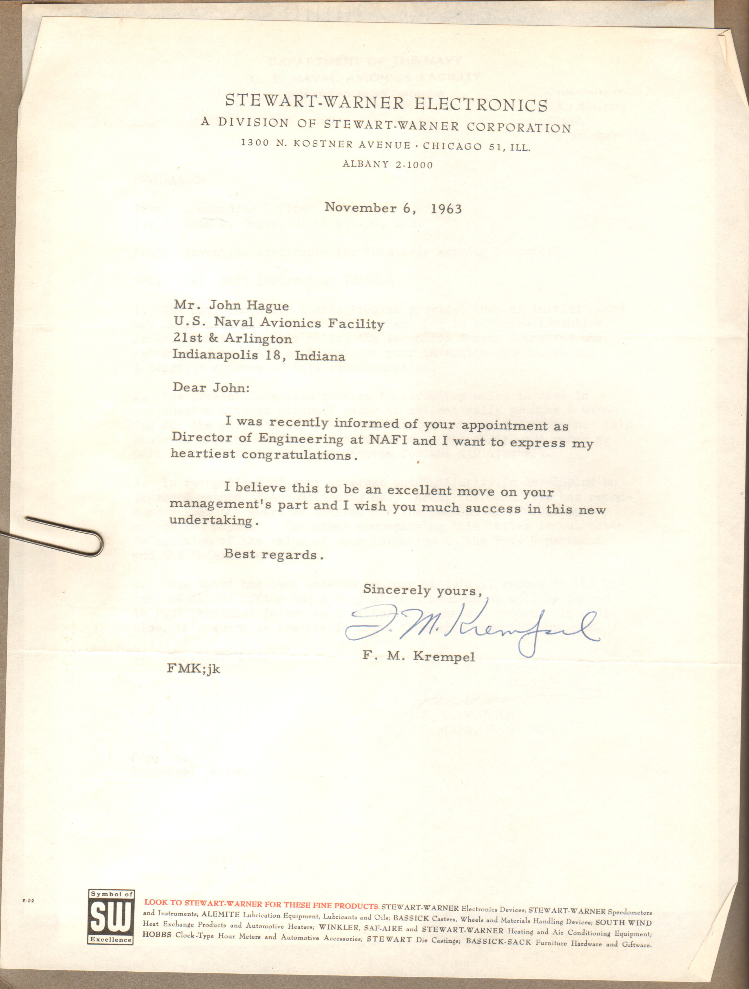 John D Hague congratulations letter for NAFI Director of Engineering job.