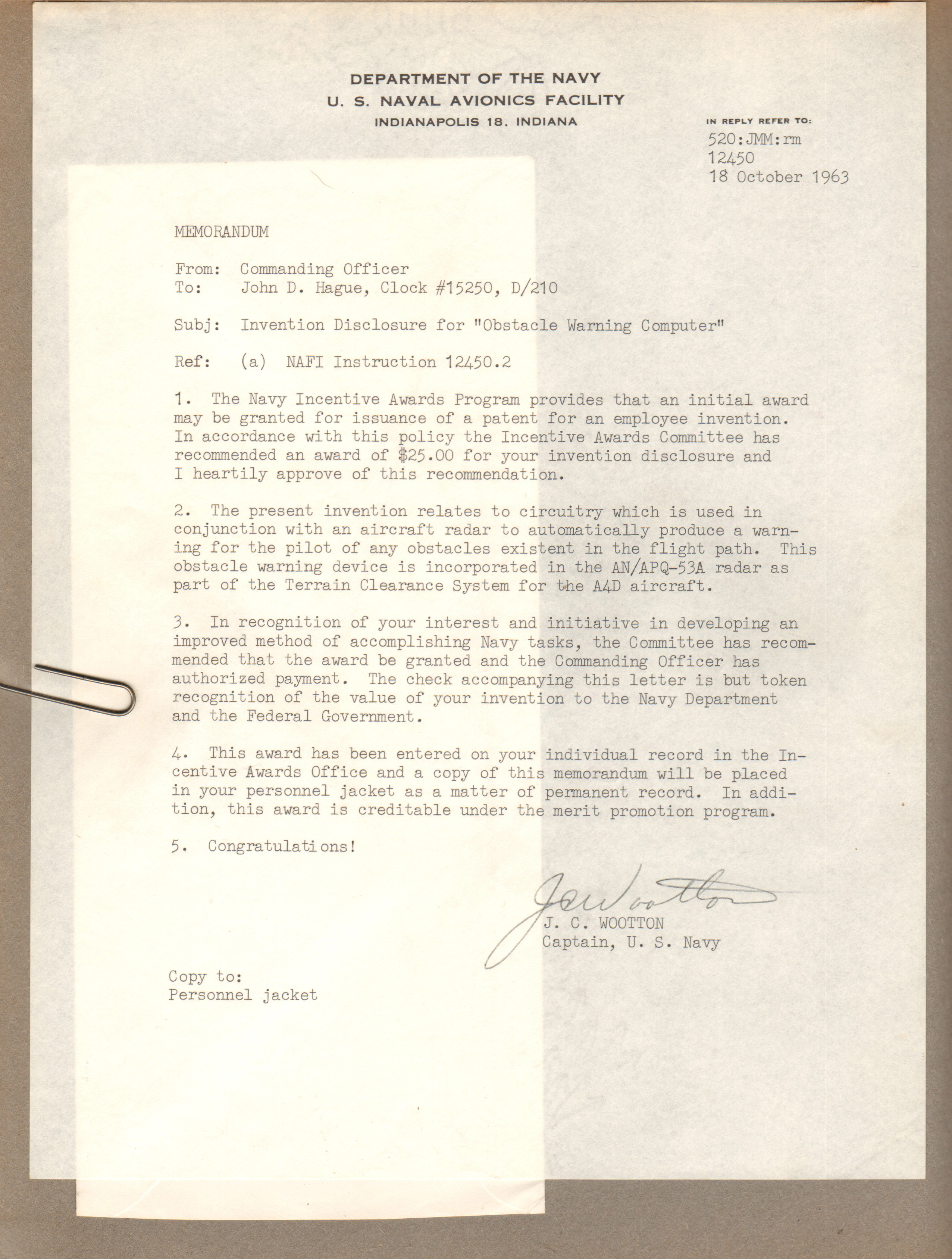 John D Hague promotion letter for NAFI 