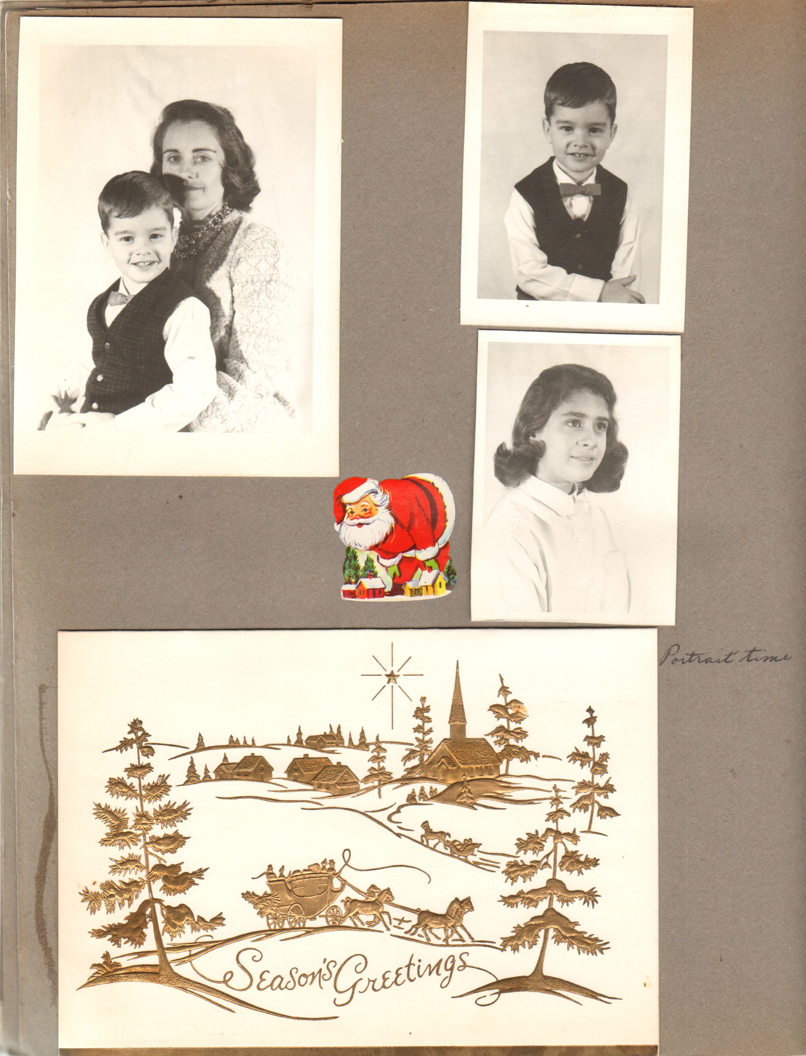portraits - Alan, Rosemary and Susan. Santa sticker. Christmas card.