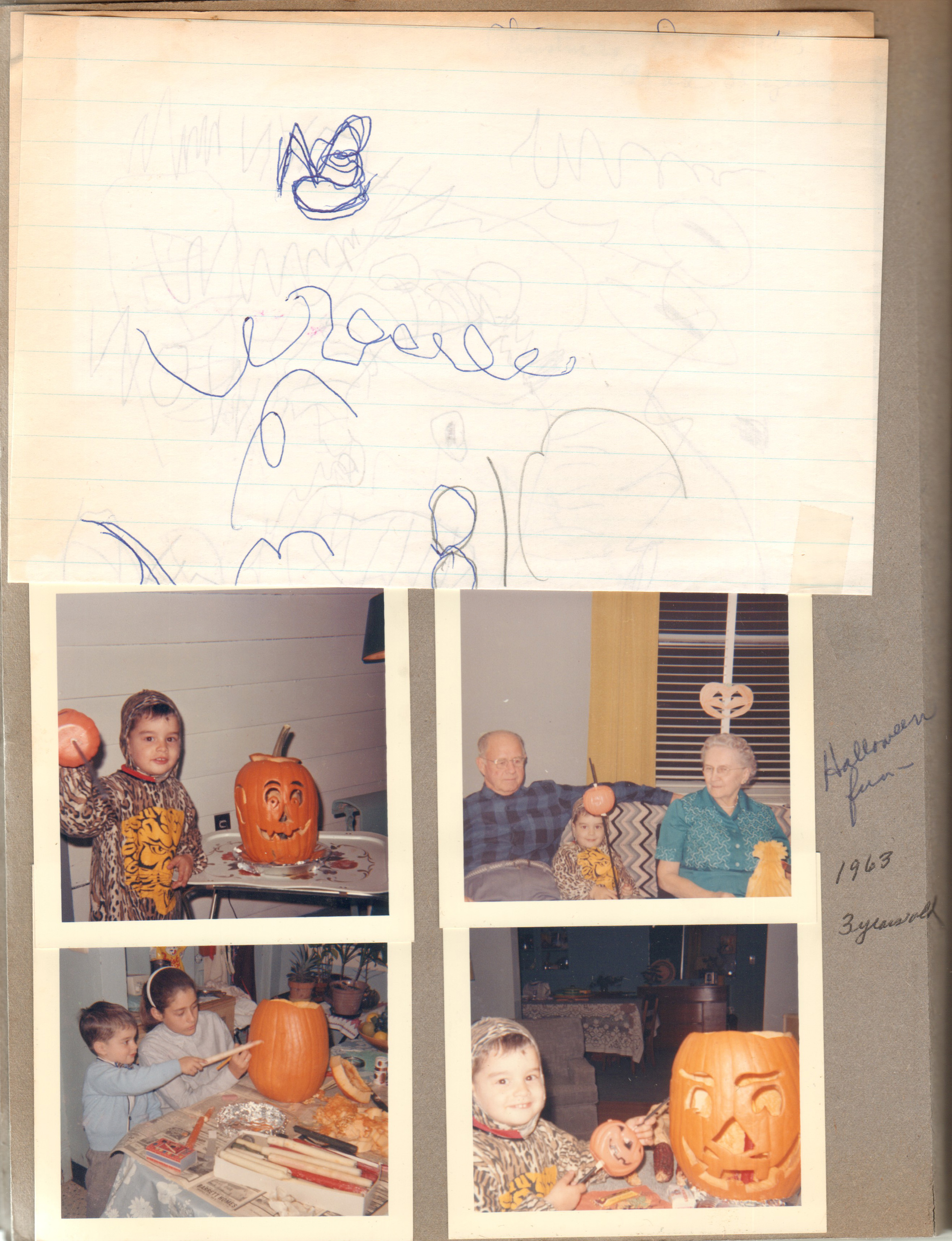 Halloween 1963 - Alan in costume. Curt, Alan and Vonnie on sofa. Alan and Susan carving pumpkin.