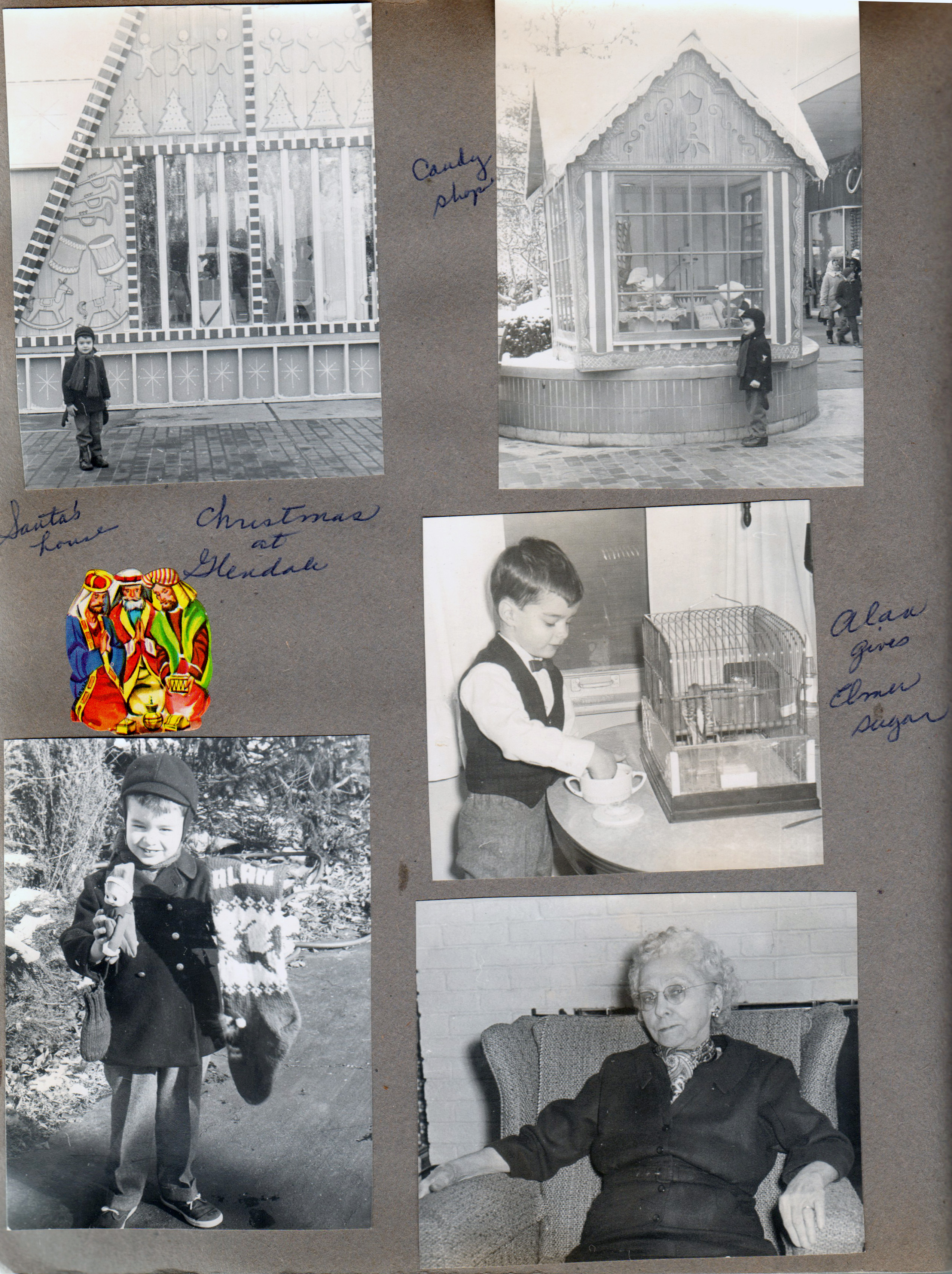 Christmas at Glendale - Alan at Santa's house and Candy Shop. Alan gives Elmer sugar (Louise Williams' parakeet). Alan on driveway with stocking and elf. Maud Williams (neighbors directly across Carrollton)