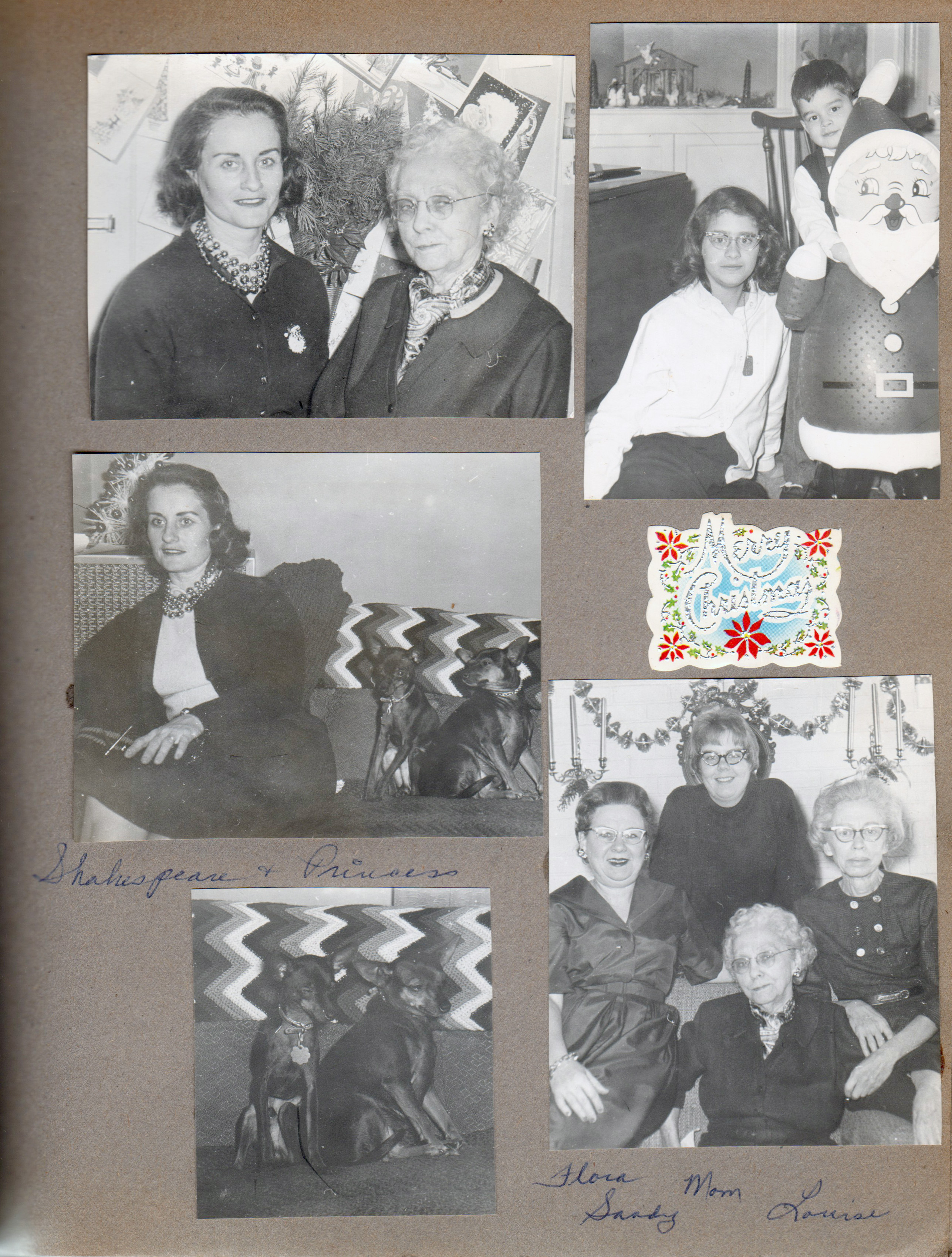 Christmas - Rosemary and Maud Williams. Susan, Alan and inflatable Santa. Rosemary, Princess and Shakespeare on sofa. Flora and Sandy Brawner, Maud and Louise Williams.