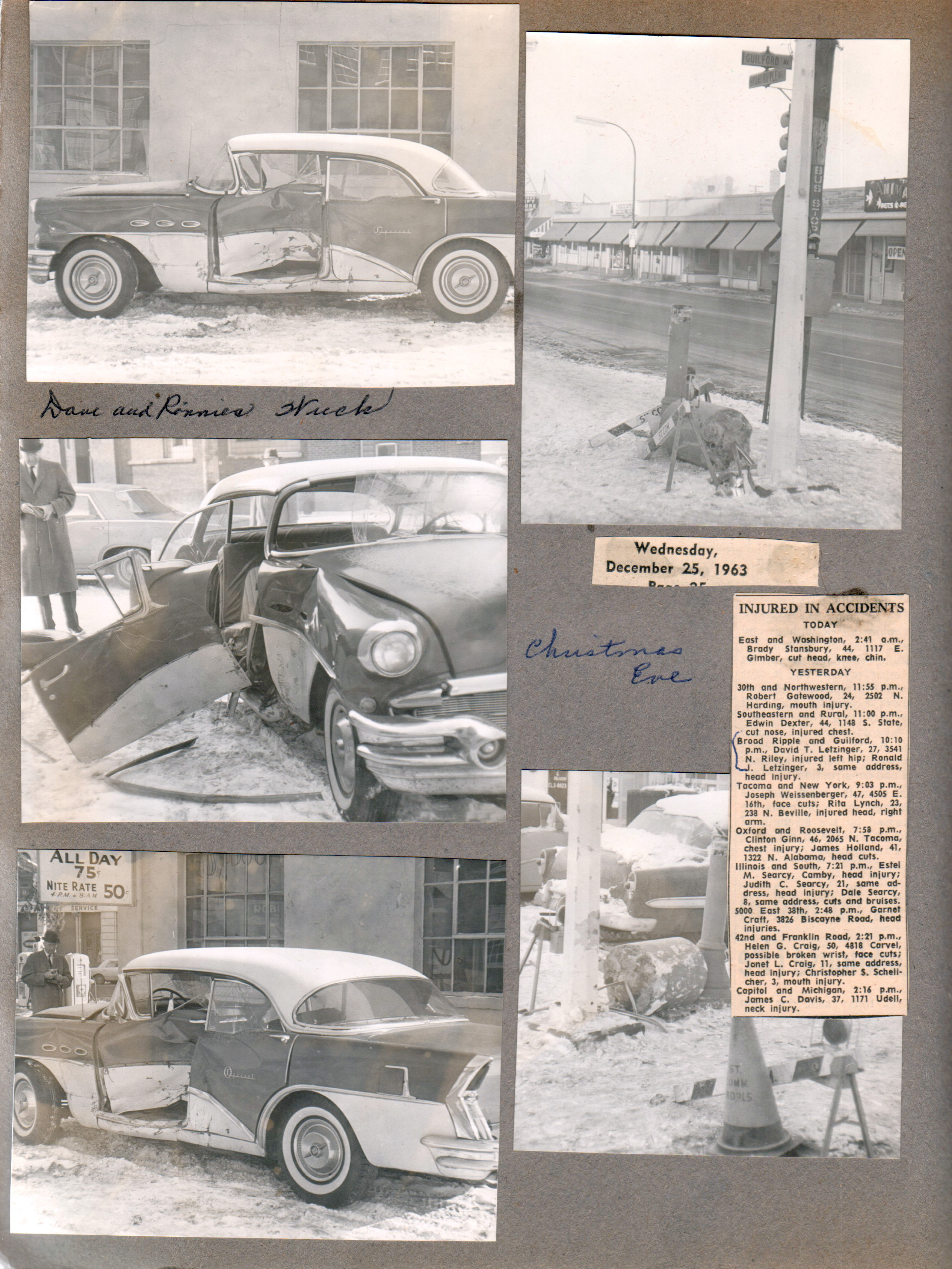 Save and Ronnie's auto wreck in Broad Ripple - Christmas Eve. Stores along BR Ave. Newspaper clipping of accident report.