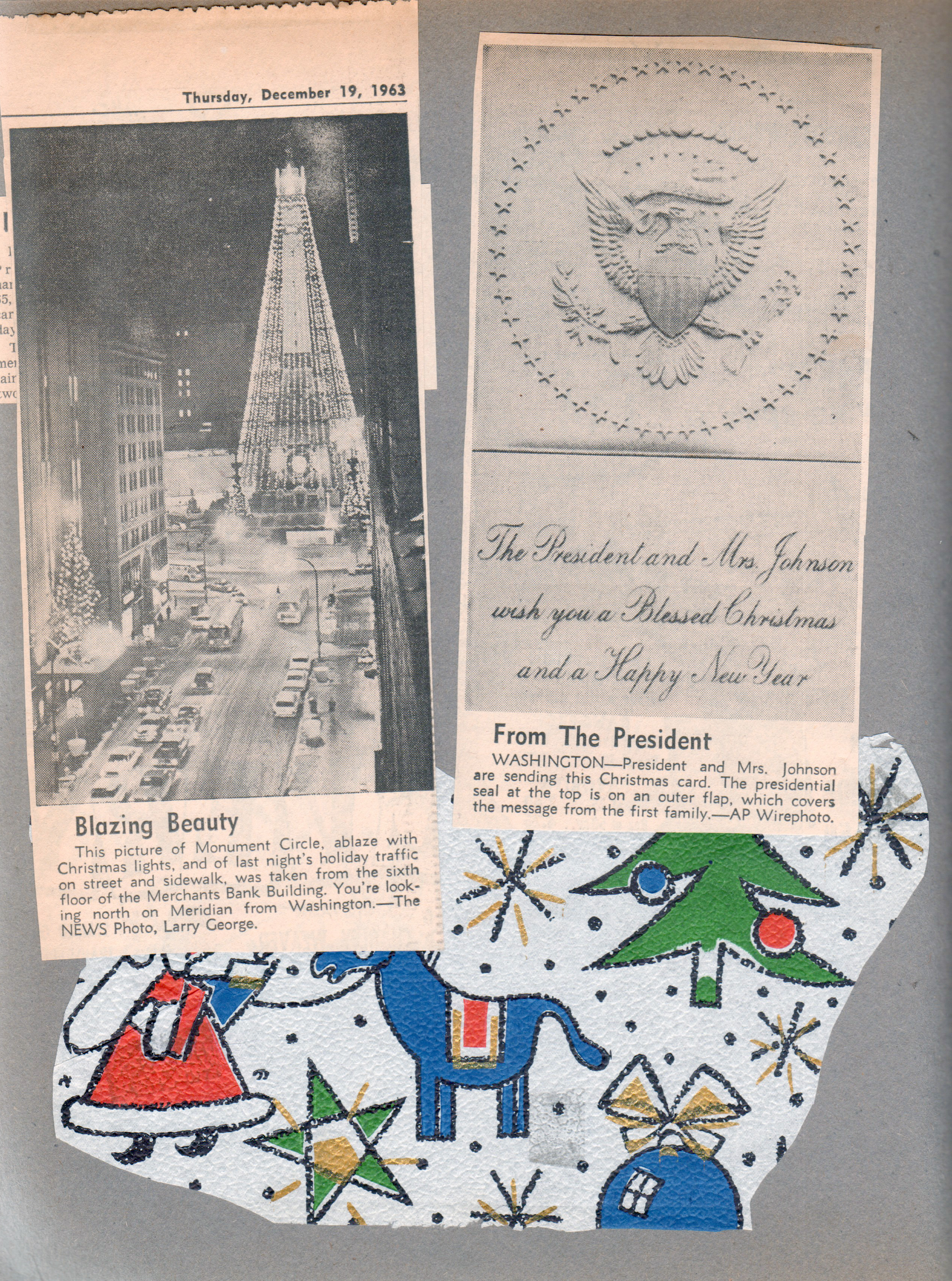 Newspaper clipping - Monument Circle Christmas tree. Newspaper clipping - card from President Johnson. gift wrap.