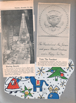 Newspaper clipping - Monument Circle Christmas tree. Newspaper clipping - card from President Johnson. gift wrap.