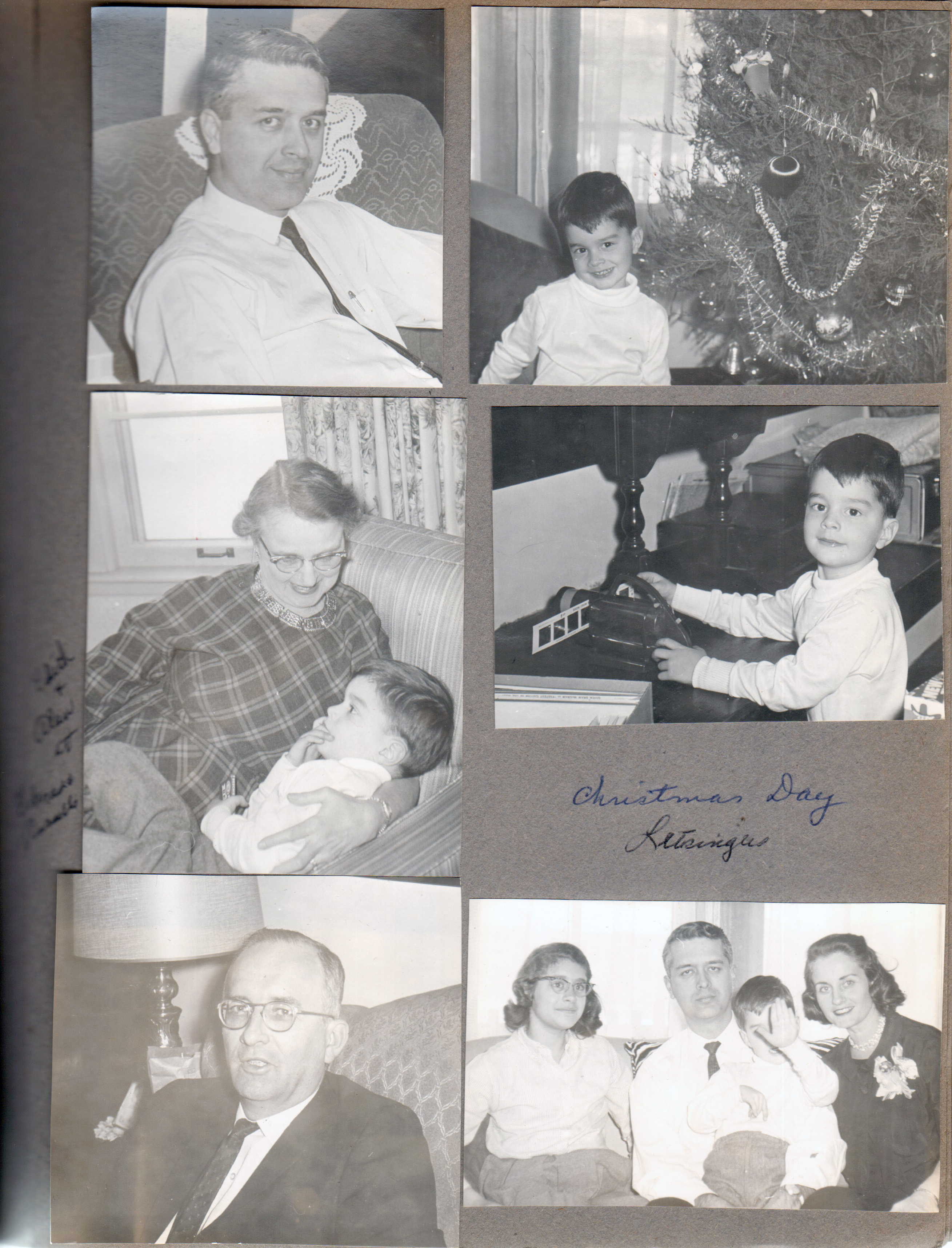 Christmas Day at 3845 Capital - John. Alan with tree. Alan with Give-A-Show slide projector. Warren. Susan, John, Alan and Rosemary. Edith and Alan at Edna Robert's house.