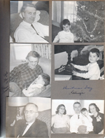 Christmas Day at 3845 Capital - John. Alan with tree. Alan with Give-A-Show slide projector. Warren. Susan, John, Alan and Rosemary. Edith and Alan at Edna Robert's house.