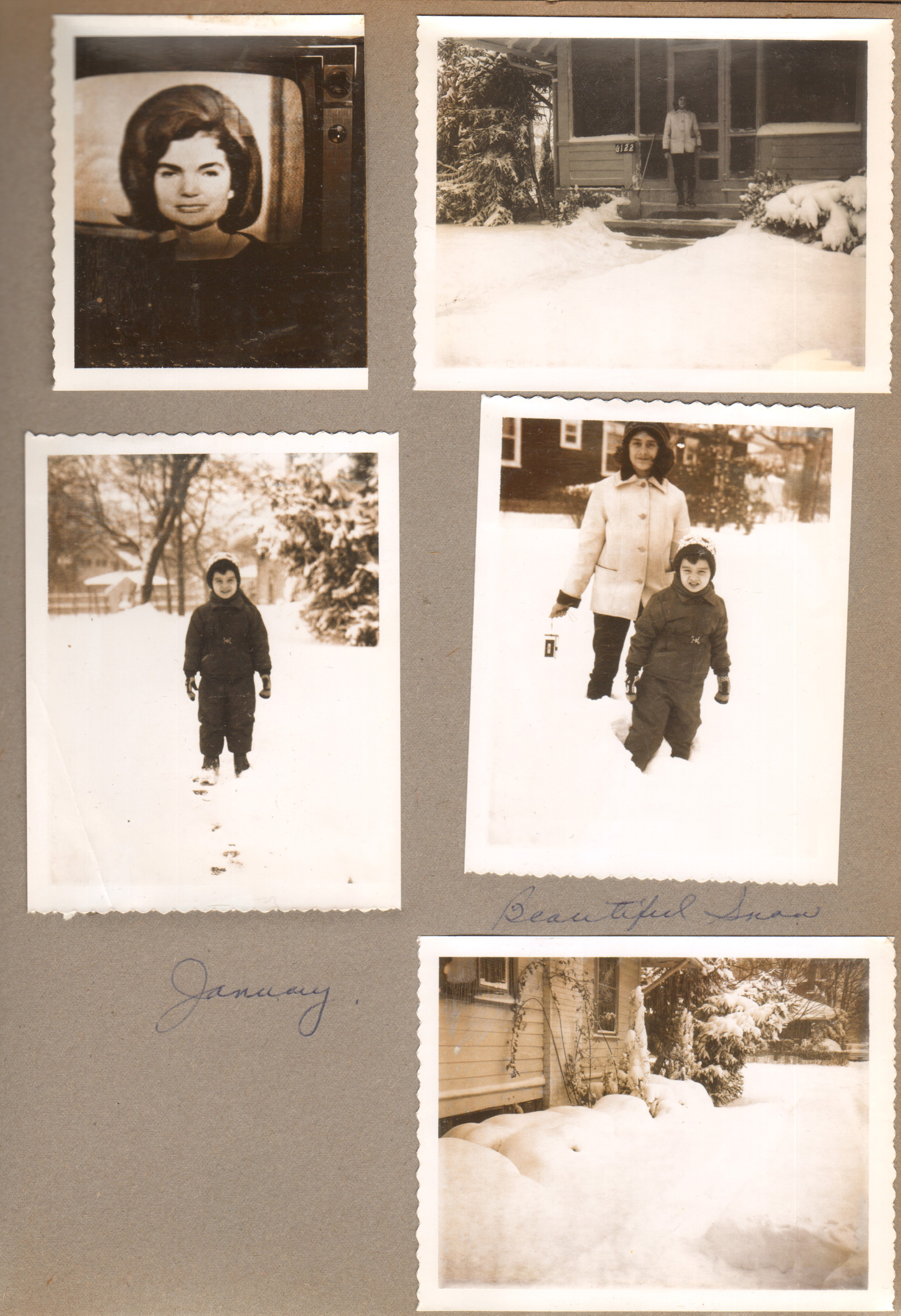 Jackie Kennedy on TV. Susan on 6122 steps in snow. Alan in snow. Snow along house.