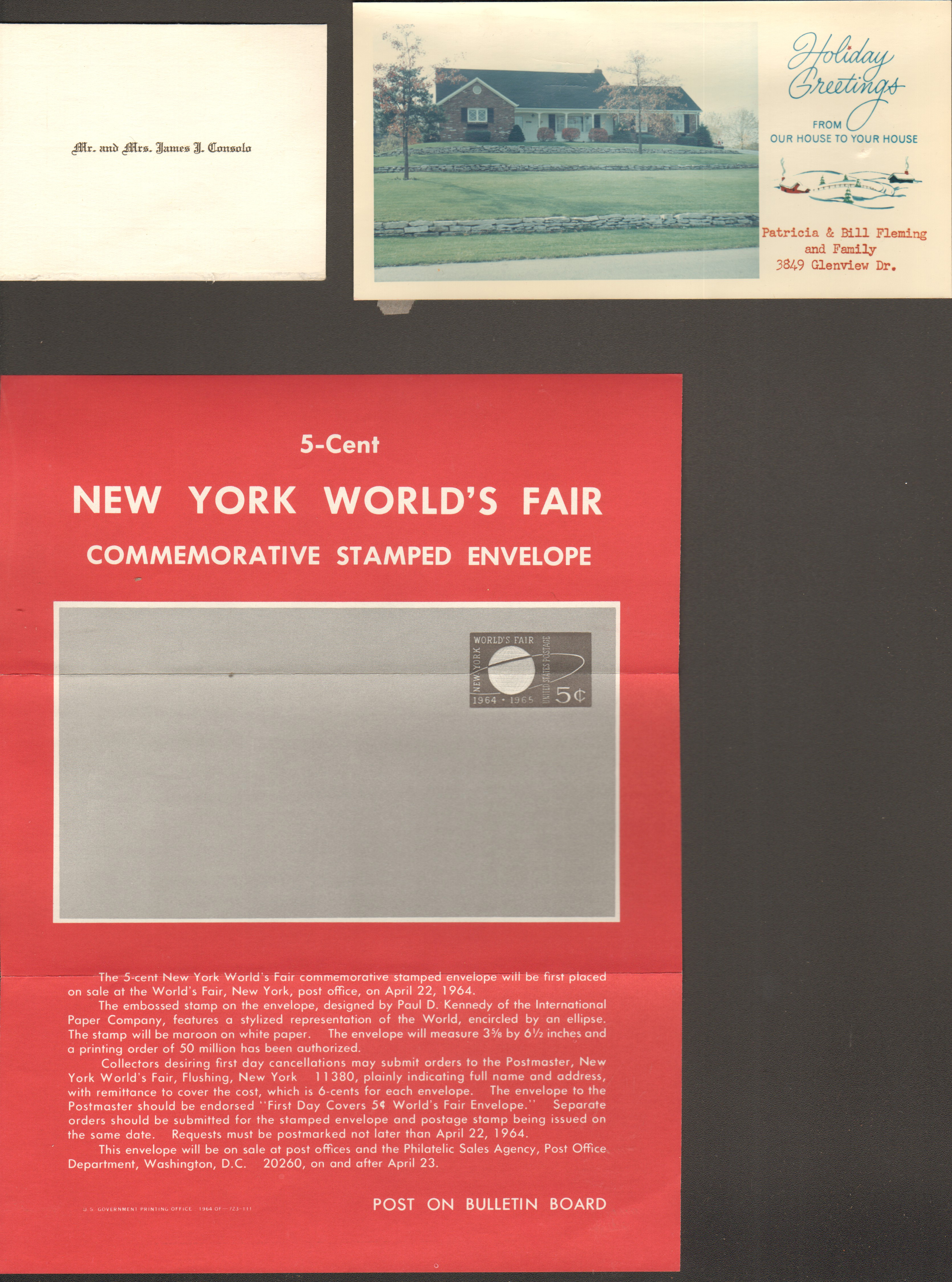 loose items - Card from Mr and Mrs James Consolo. Christmas card - Patricia and Bill Fleming. 5-cent New York World's Fair commemorative stamped envelope flyer. 