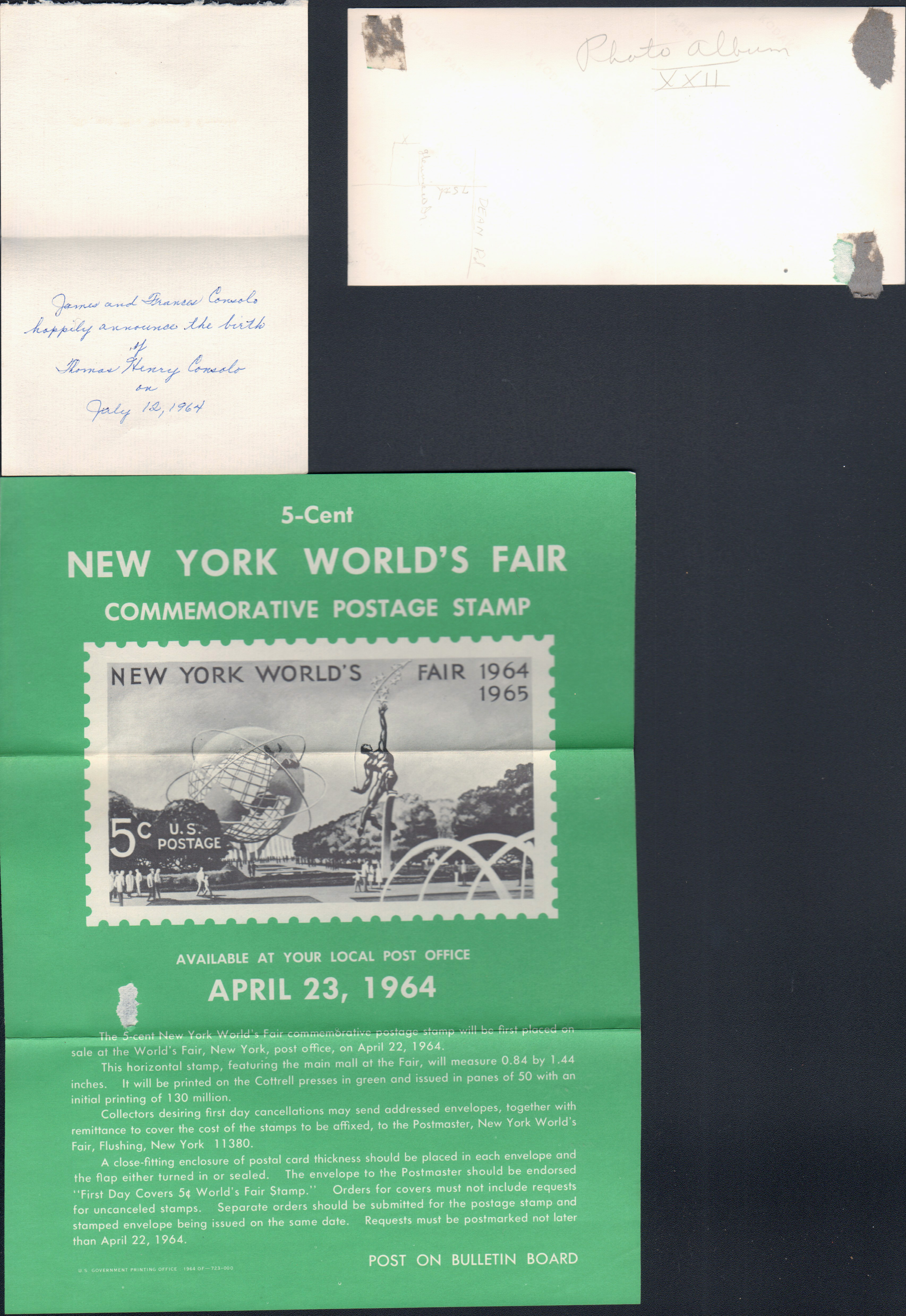 loose items - Card from Mr and Mrs James Consolo. Christmas card - Patricia and Bill Fleming. 5-cent New York World's Fair commemorative stamped envelope flyer. 