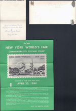 loose items - Card from Mr and Mrs James Consolo. Christmas card - Patricia and Bill Fleming. 5-cent New York World's Fair commemorative stamped envelope flyer. 