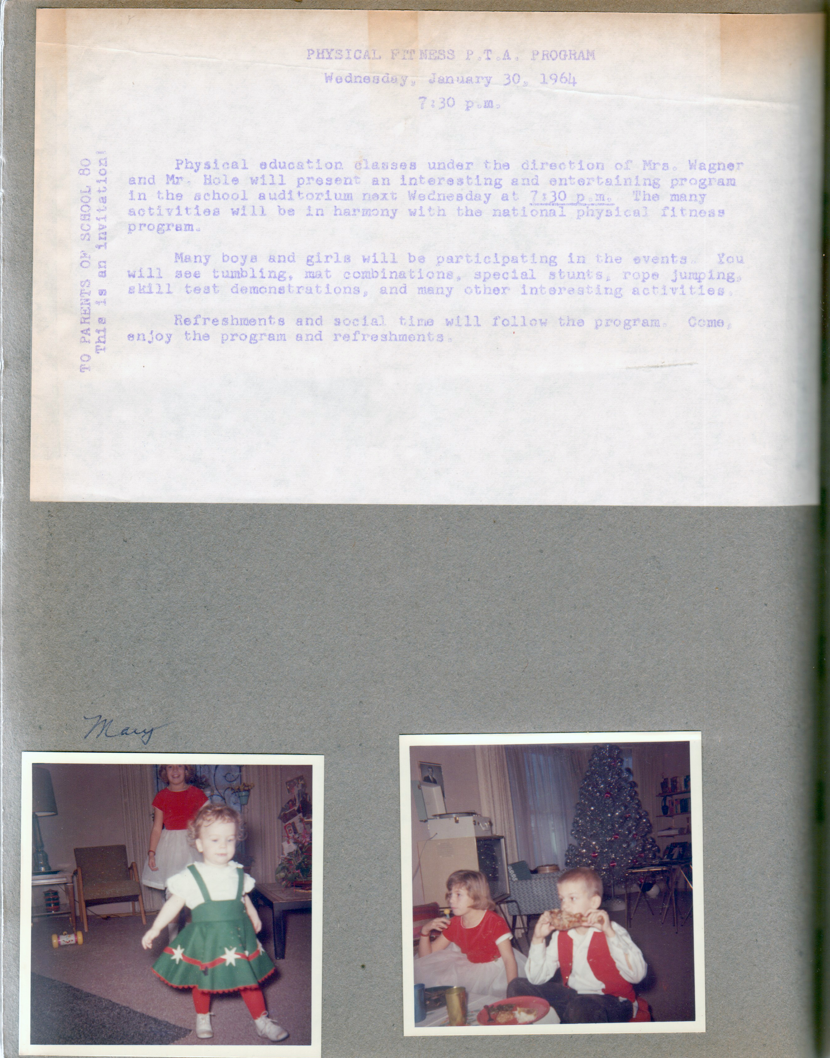 Physical fitness PTA program - School 80. Mary, Karen and Eddie at Christmas.