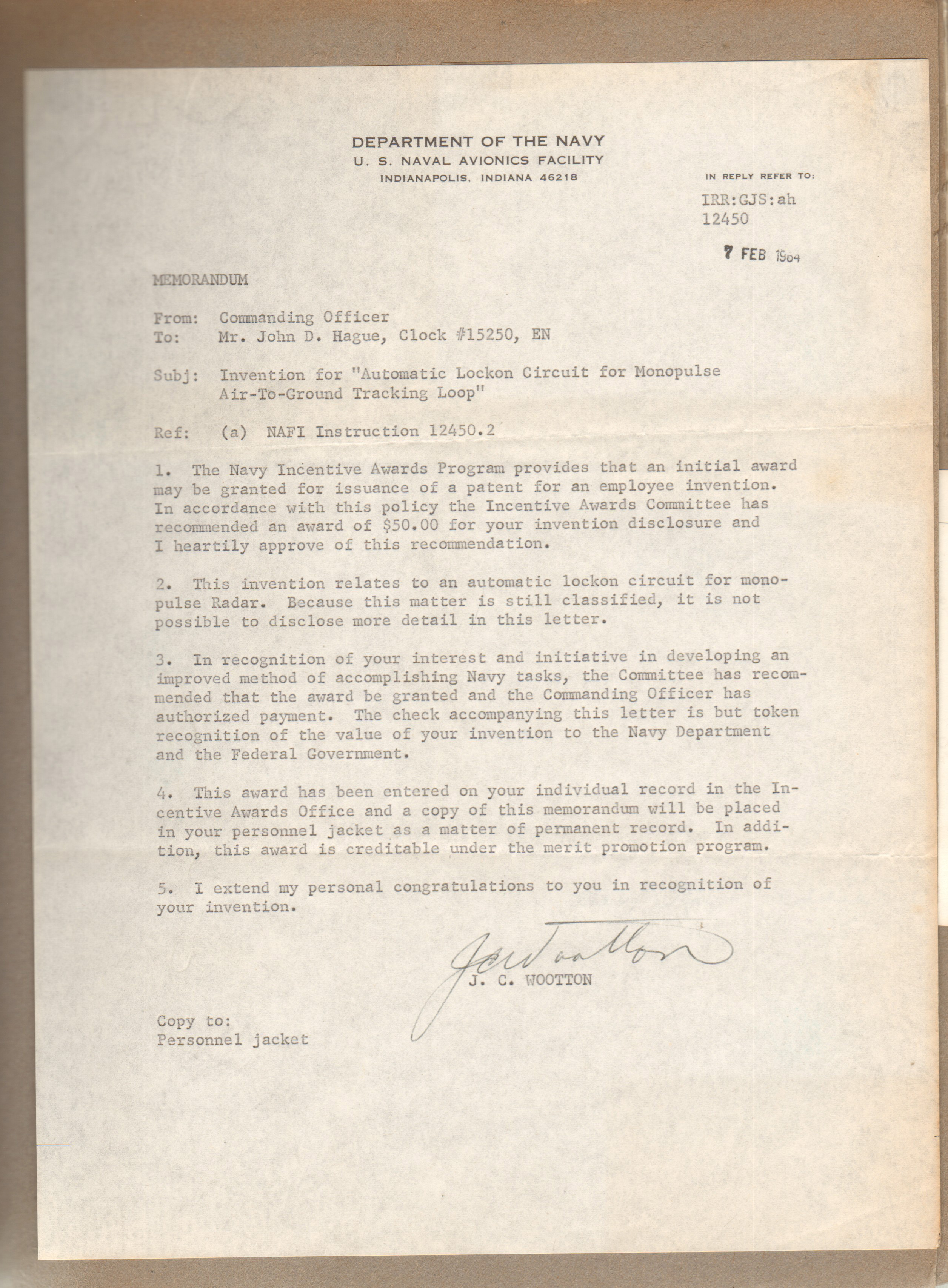 Letter - Dept of the Navy - John D Hague incentive award