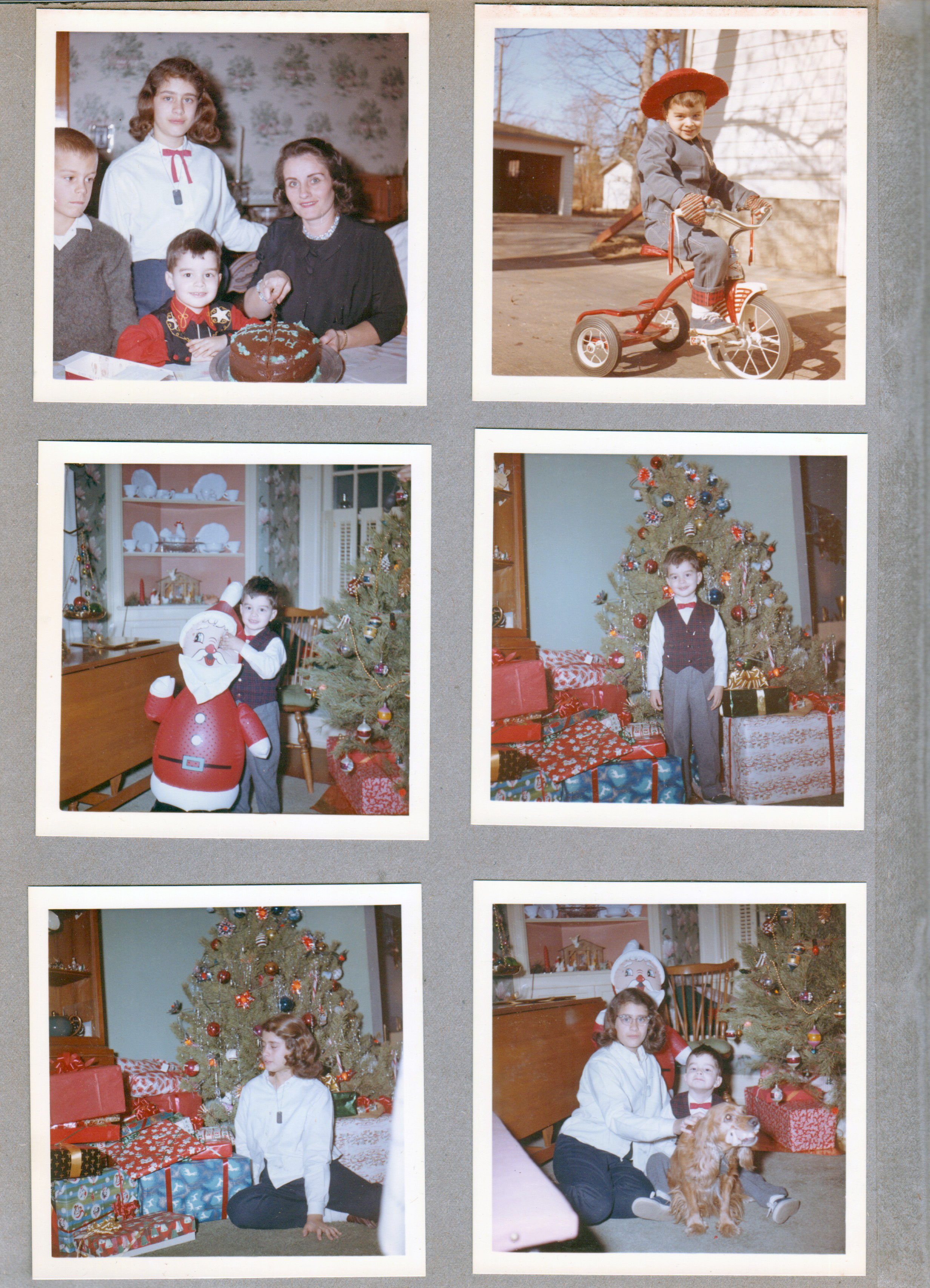 Rosemary's birthday at 8815 Haverstick - Eddie, Susan, Alan, Rosemary. 6122 Alan on trike. Christmas st the Brawners, 6123, across the street - Alan with inflatable Santa. 6122 - Alan with tree and gifts. Susan, At 6123 Susan, Alan, and Rusty the dog by tree.