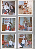 Rosemary's birthday at 8815 Haverstick - Eddie, Susan, Alan, Rosemary. 6122 Alan on trike. Christmas st the Brawners, 6123, across the street - Alan with inflatable Santa. 6122 - Alan with tree and gifts. Susan, At 6123 Susan, Alan, and Rusty the dog by tree.