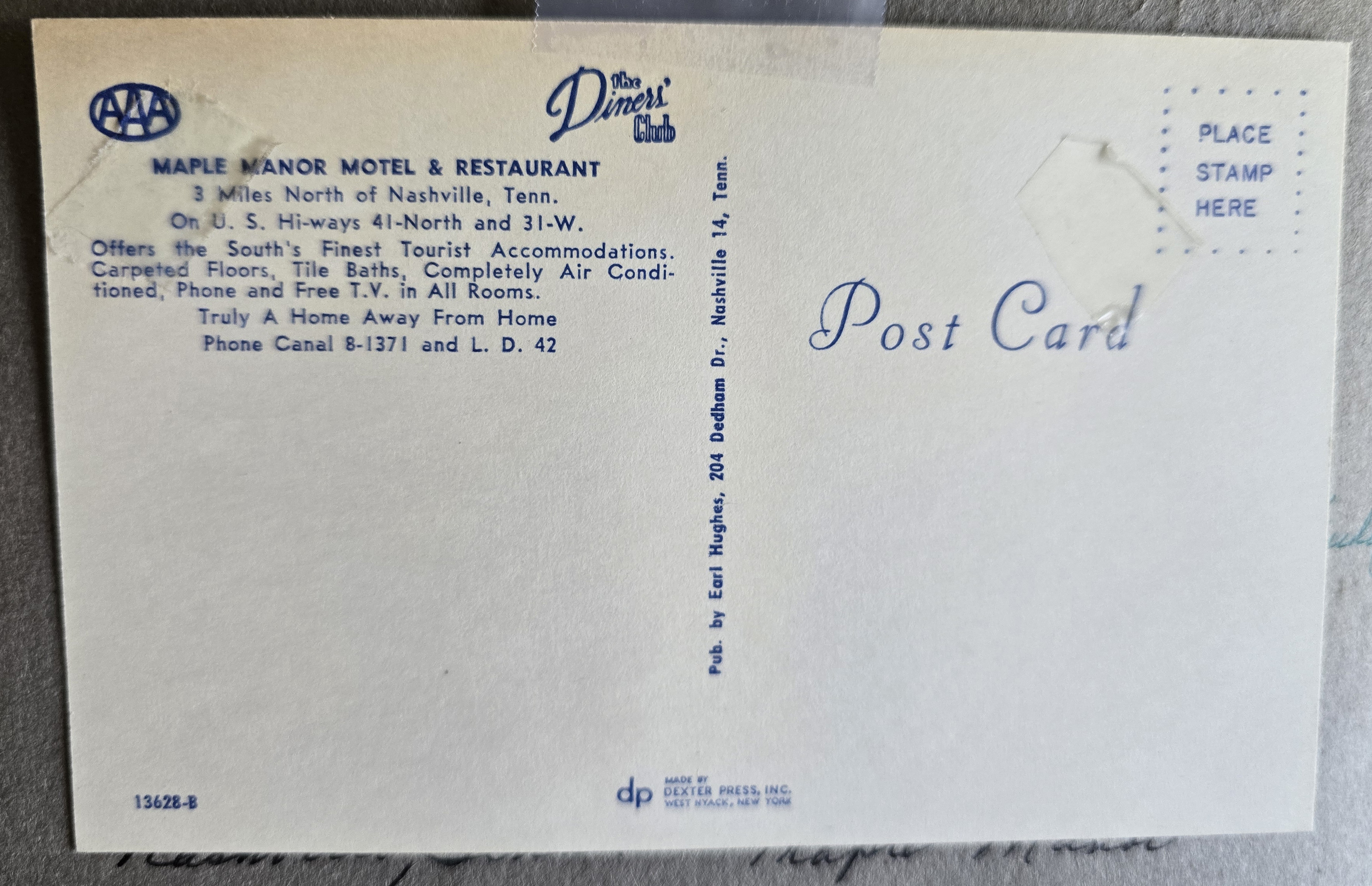 postcard back 13628-B - Maple Manor Motel, Nashville