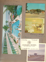 postcard 57811-B - Almaza Hotel Ft Myers   postcard 36264-B - Pelican Hotel Ft Myers   Almaza Motel business card. Welcome to Florida highway sign.