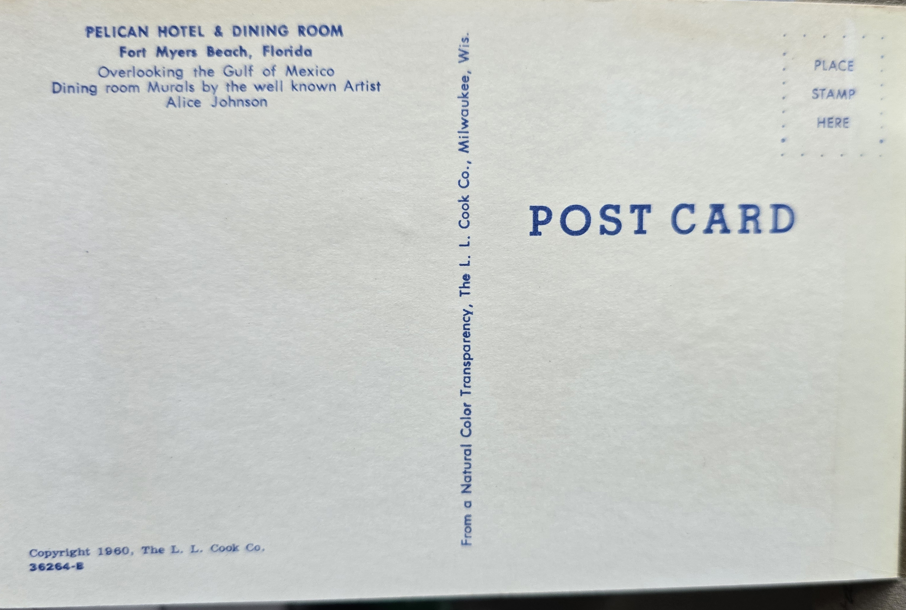 postcard back 36264-B - Pelican Hotel Ft Myers