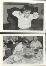 loose photos - at 3845 capitol - Alan with scary hands. Alan blowing out probably Rosemary's birthday cake.