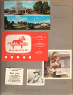 postcard 53638-B - Coral Plaza Motel. Postcard - Dahla Horse. Kim;s Cabin - Ft Lauderdale - matchbook. Susan at Neptune courtyard with brochure for 15 day West Indies cruise - from the Benfield's cruise slide show.