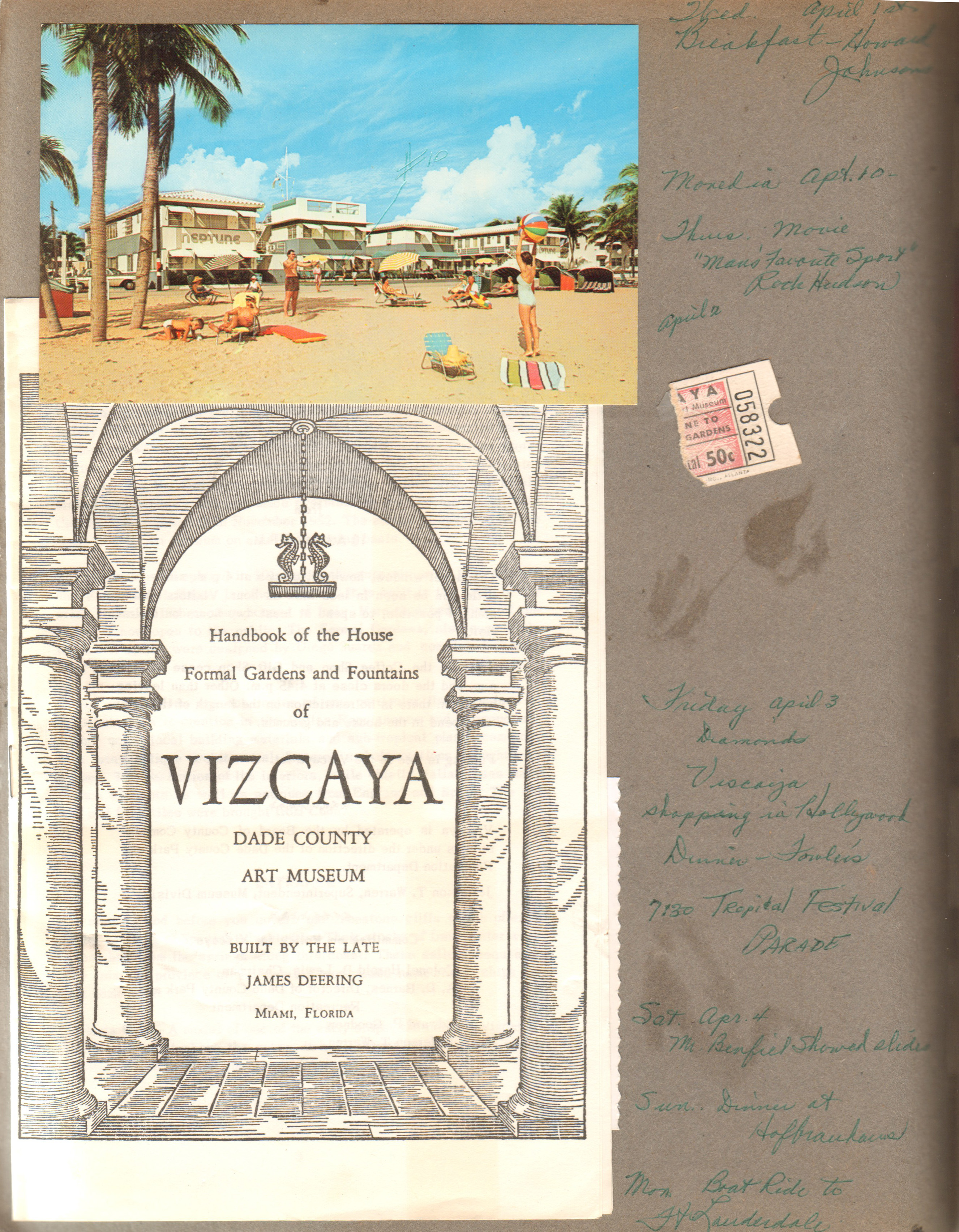 Postcard - Neptune Apartments, Hollywood Beach. Vizcaya brochure and ticket stub
