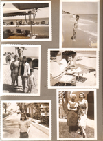 Hollywood Beach - Neptune - beach from shuffleboard. Alan on beach. Rosemary, John, Susan, Alan on beach. Rosemary in cabana, Susan on Surf Road with Neptune sign Alan and Rosemary in courtyard with Lucy Gottschalk.
