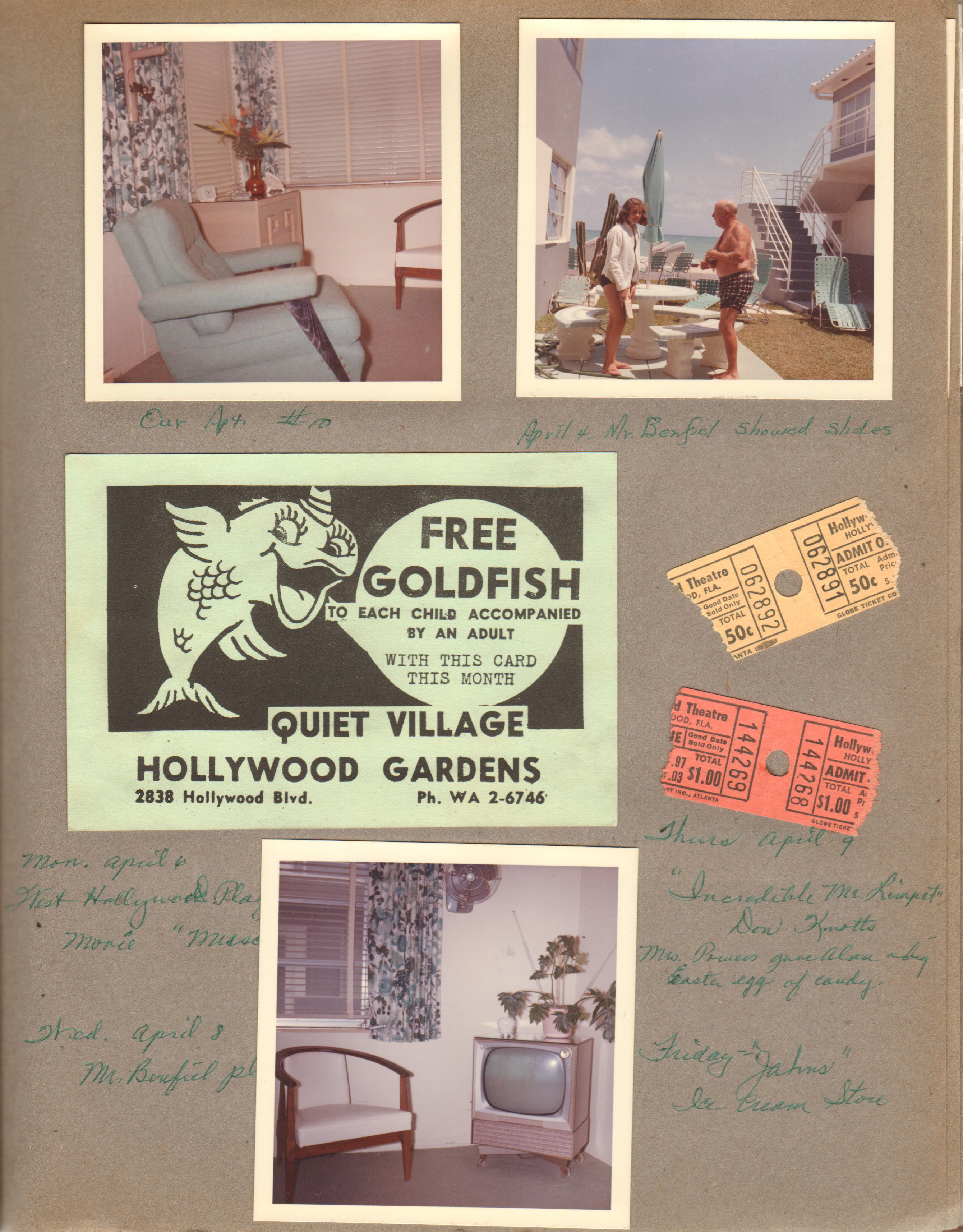 Hollywood Beach - Neptune -  inside apartment #10. Susan and Mr. Benfiel (Benfield) in courtyard. Free goldfish flyer for Quiet Village. Ticket stub for Hollywood Theatre - Incredible Mr Limpet.
