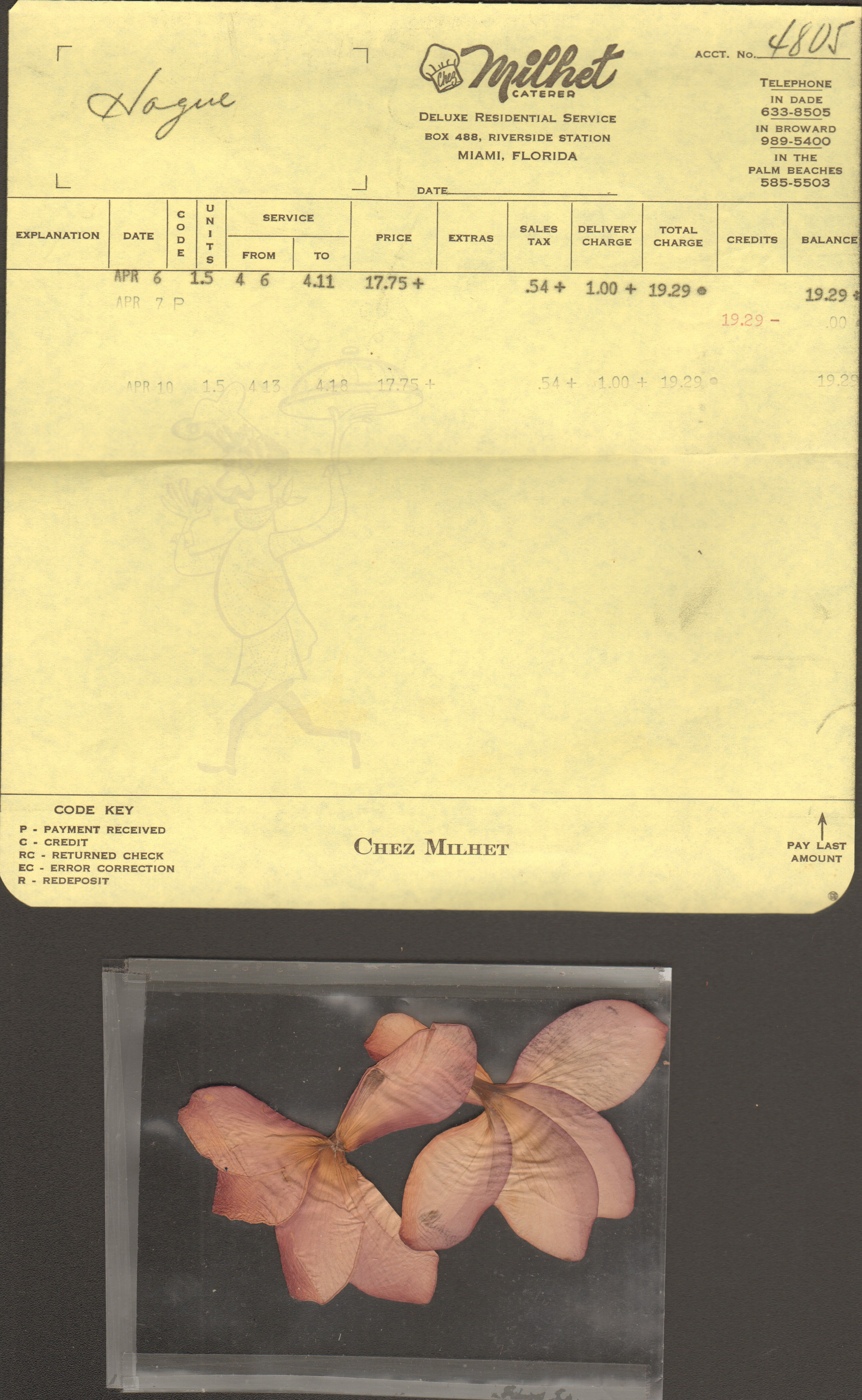 loose items - receipt Milhet Caterer - Miami. pressed flower