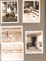 Hollywood Beach - Neptune - Alan and Julie Loudon with ball in courtyard. Alan shuffleboard. Susan and Alan in ocean. Mr Dorn (Irma's father) Grant and Irma in Surf Road entrance.