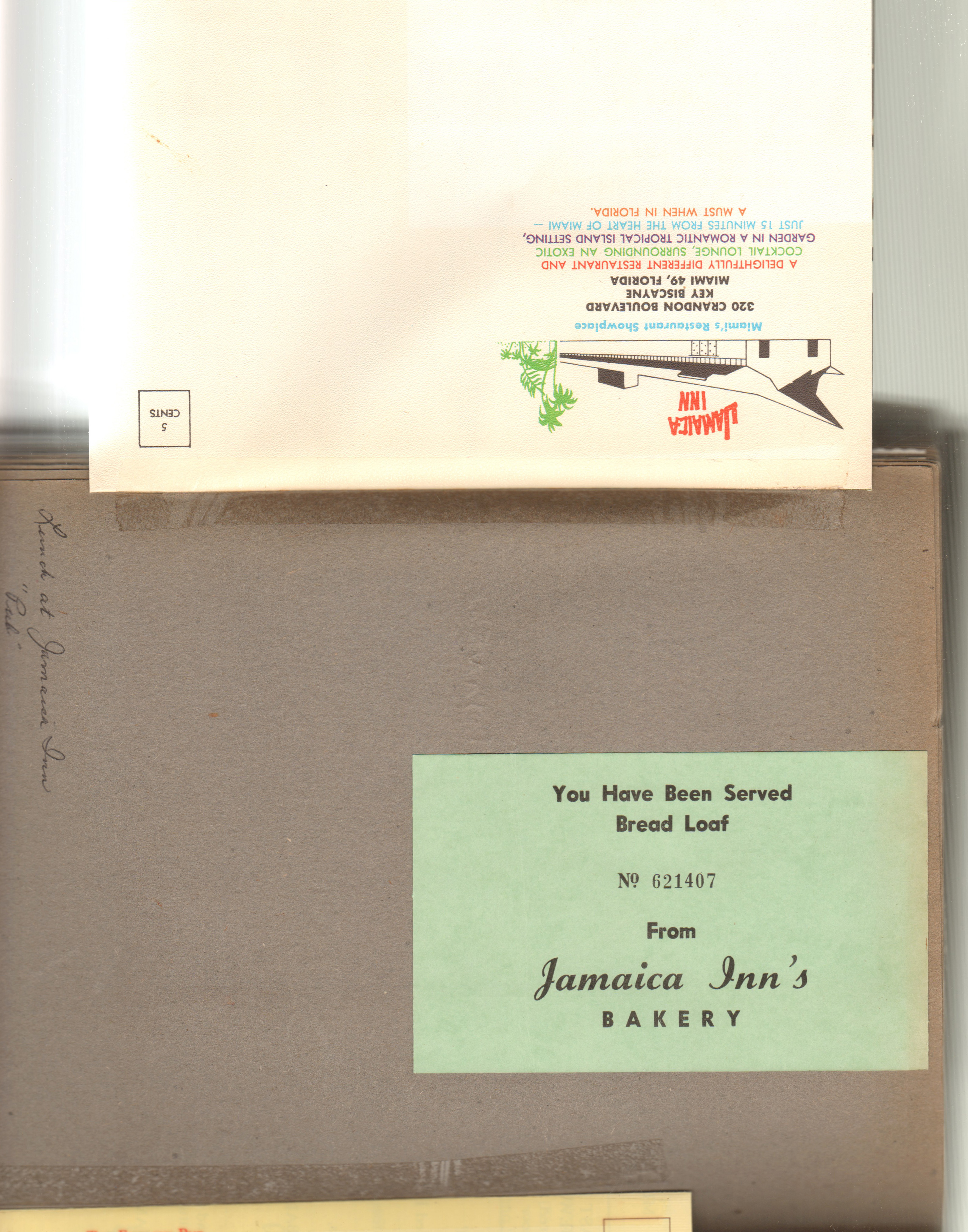 Jamaica Inn Restaurant - Miami - brochure. bread loaf receipt.