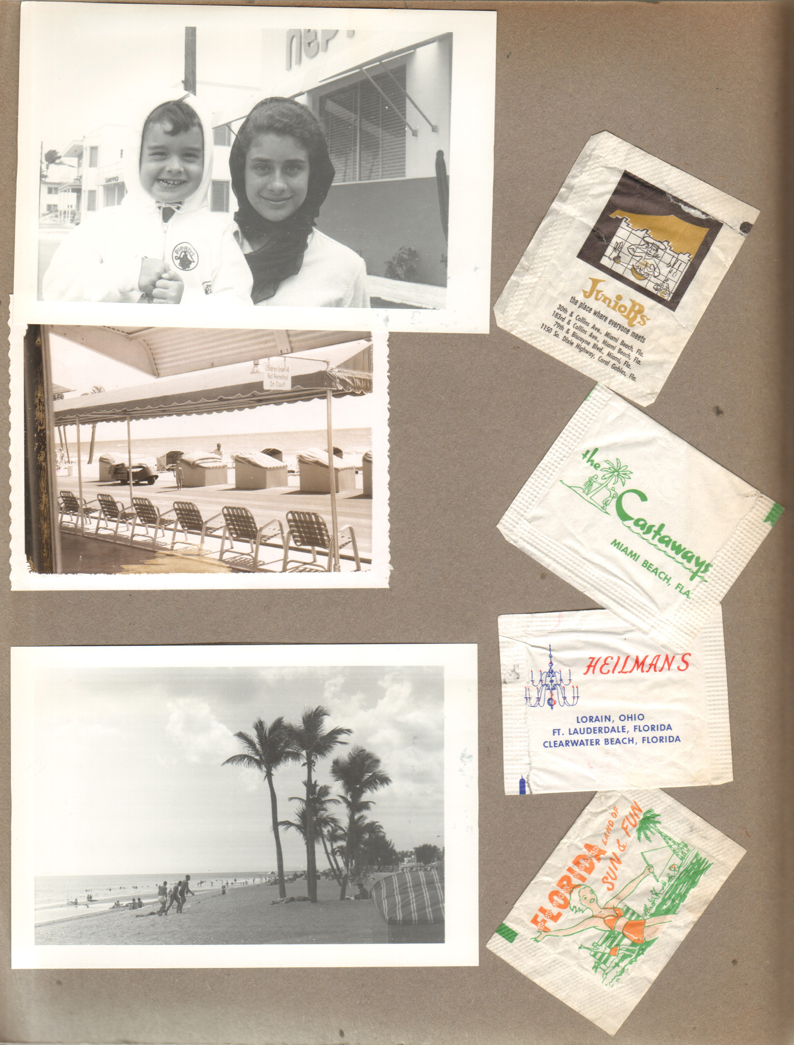 Hollywood Beach - Neptune - Susan and Alan out front. Chairs along broadwalk. Beach. Sugar packets - Juniors - Miami, Castaways - Miami, Heilman's - Ft Lauderdale, Florida Land of Sun and Fun