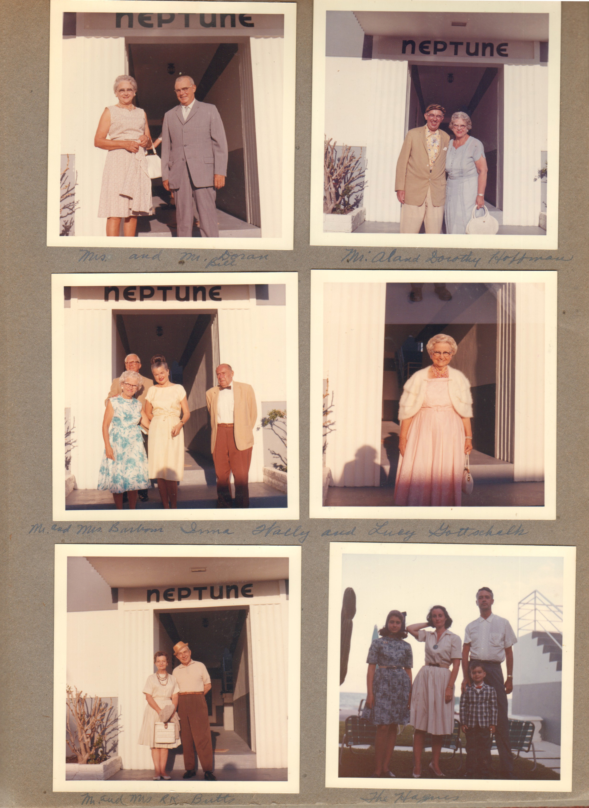 Hollywood Beach - Neptune - rear Surf Road entrance - Mr and Mrs Doran Ball. Al and Dorothy Hoffman, Mr and Mrs Barbon (?) and Irma and Wally and Lucy Gottschalk. Mr and Mrs RK Butts. The Hagues - Susan, Rosemary, Alan, John