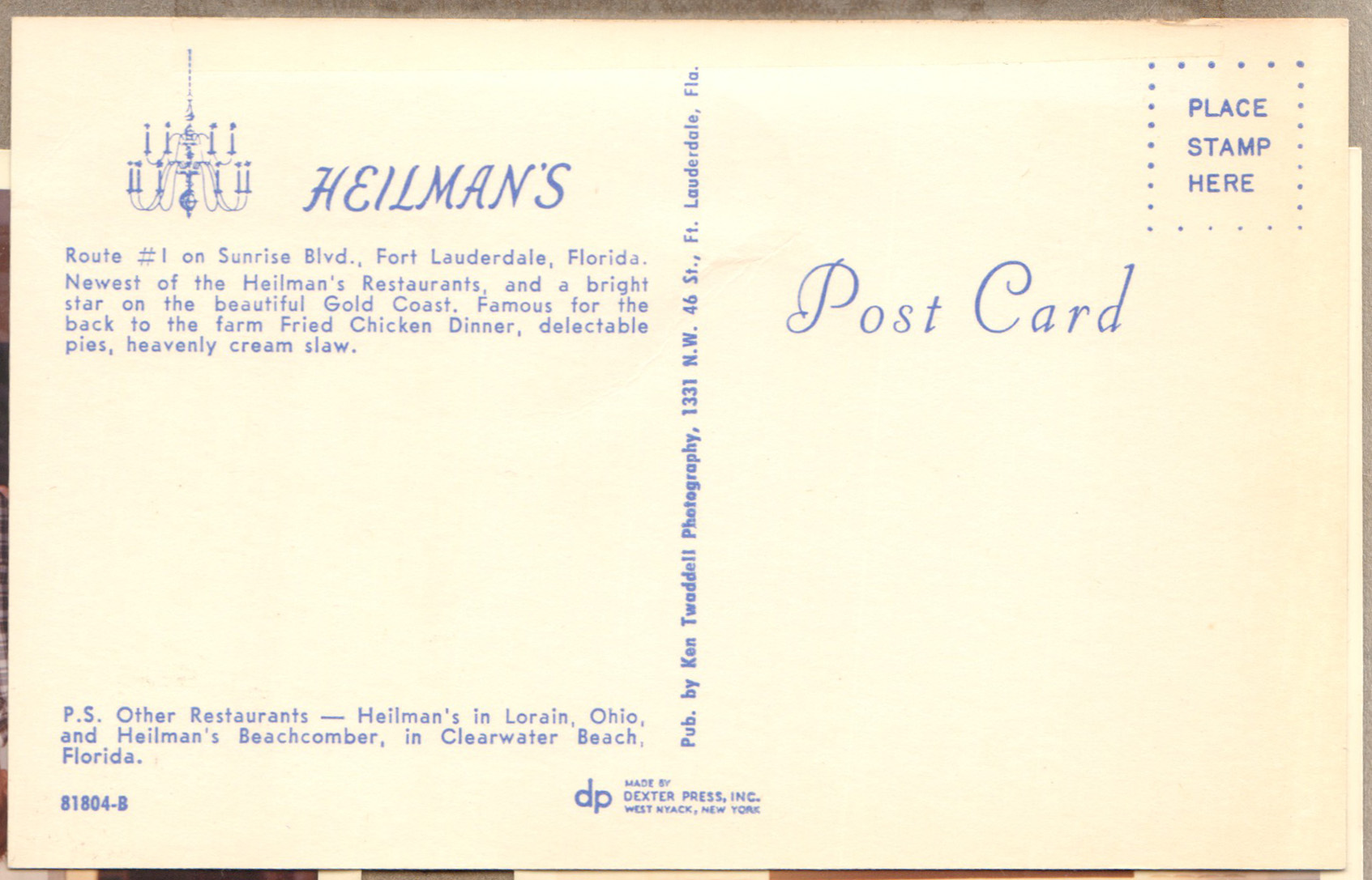 Postcard back 81804-B - Heilman's - Ft Lauderdale.