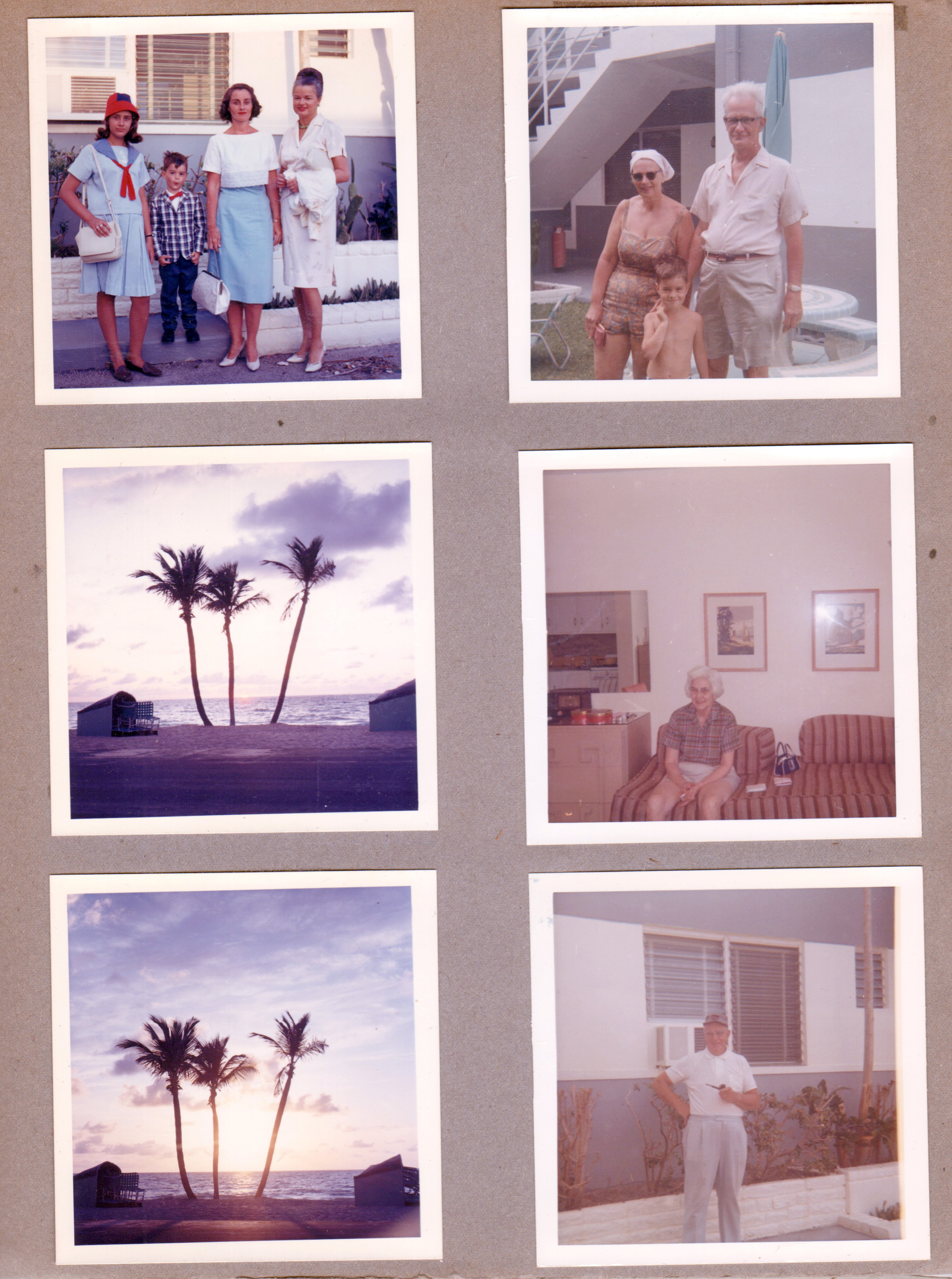 Hollywood Beach - Neptune - rear Surf Road - Susan, Alan, Rosemary, Irma Davis. Alan with couple in courtyard. Palms on beach. Miseta in apartment. Grant Davis on Surf Road.