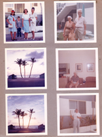 Hollywood Beach - Neptune - rear Surf Road - Susan, Alan, Rosemary, Irma Davis. Alan with couple in courtyard. Palms on beach. Miseta in apartment. Grant Davis on Surf Road.