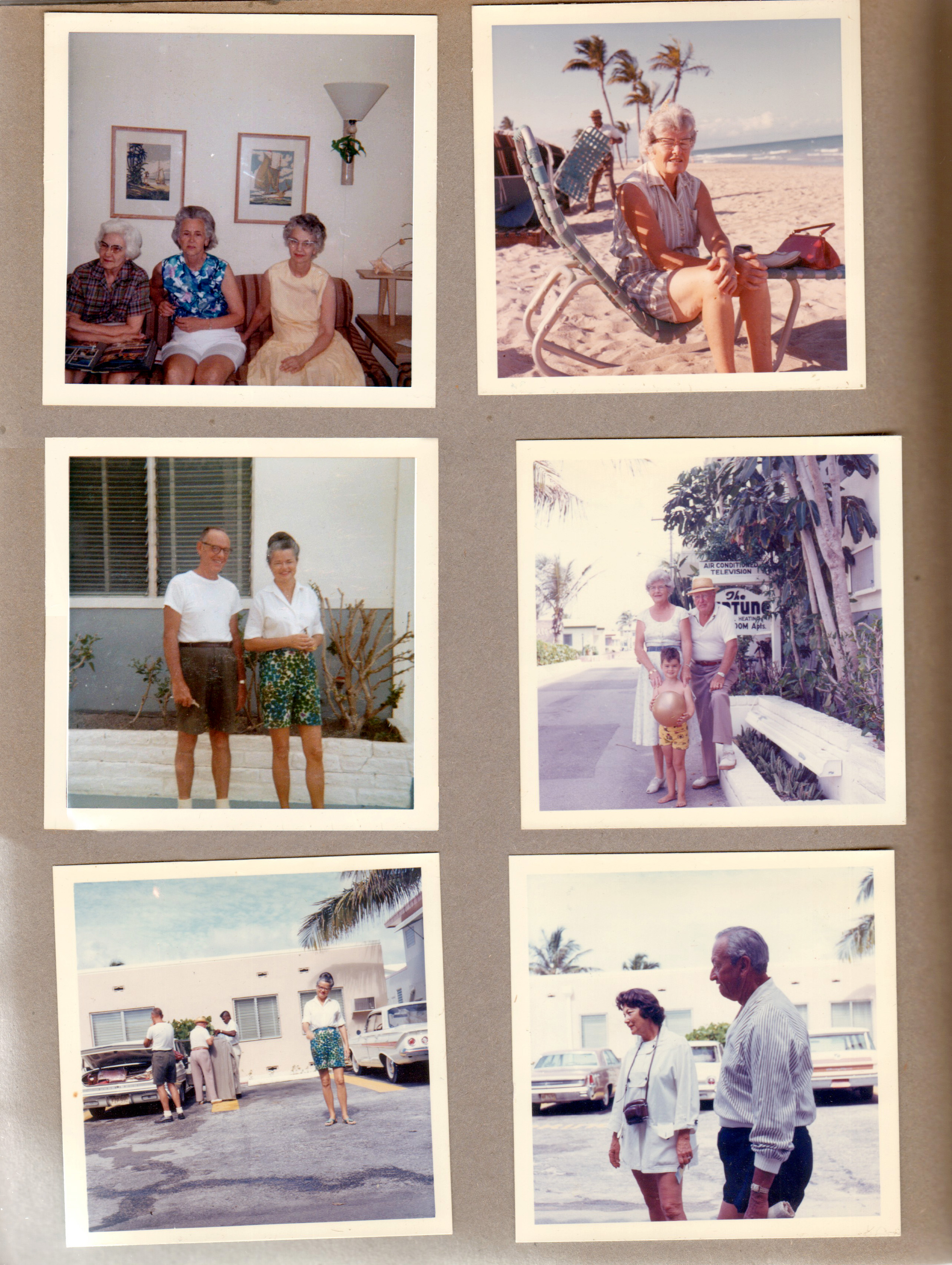 Hollywood Beach - Neptune - Dezousa (?) Miseta, Pepita and Frida in apartment. Woman on beach. Grant and Irma David rear Surf Road. Benfields and Alan on Surf Road with Neptune sign. Irma in parking lot. Couple in parking lot. 