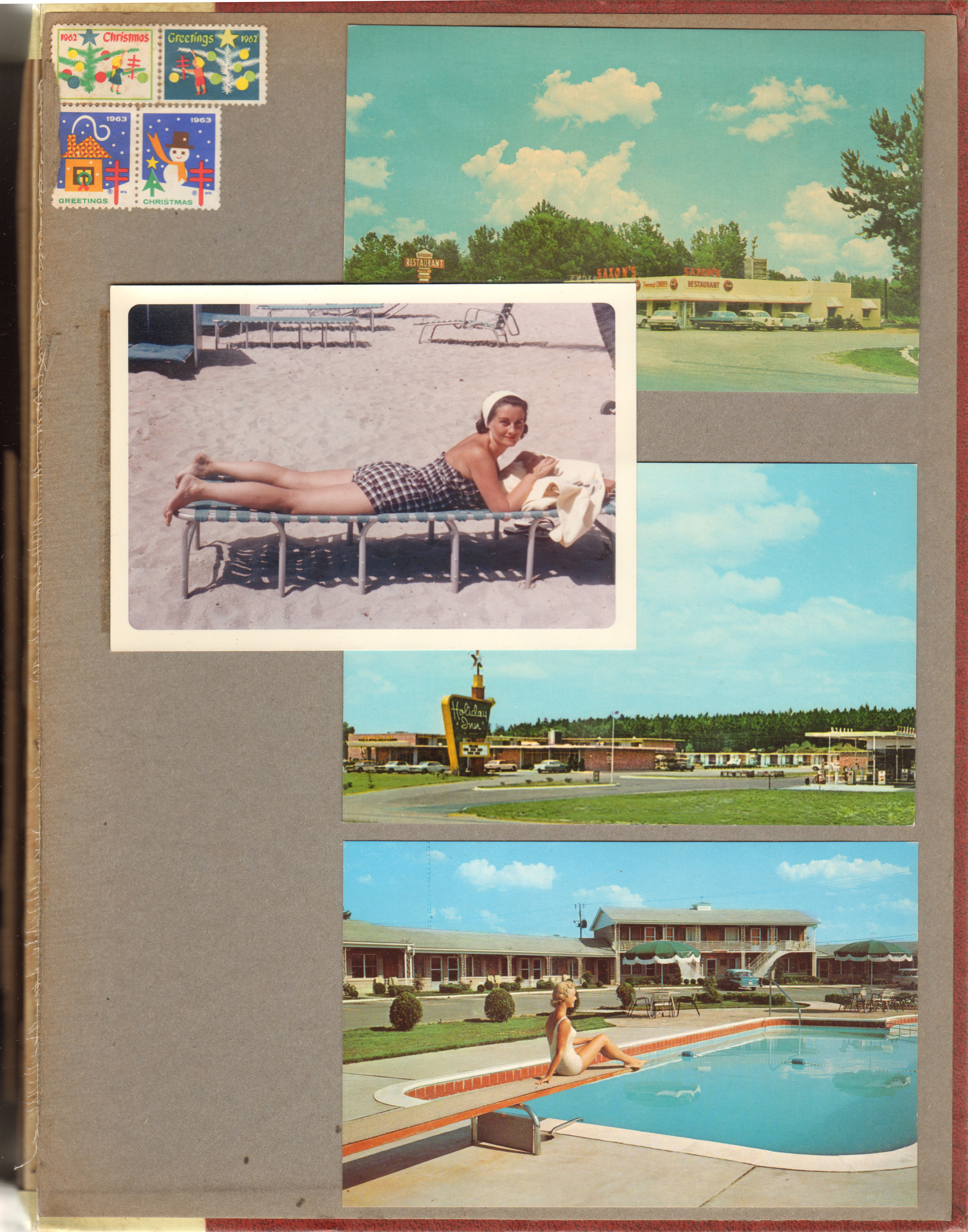 1962 and 1963 Christmas Seals. Florida - Hollywood Beach - Rosemary on lounge on beach. Postcard 76170-B - Saxon's Restaurant and Candy Kitchen - Montgomery, ALA. Postcard 3DK-1411 - Holiday Inn Dothan, ALA. Postcard 13368-B - Horse Cave Motel - Horse Cave, KY.