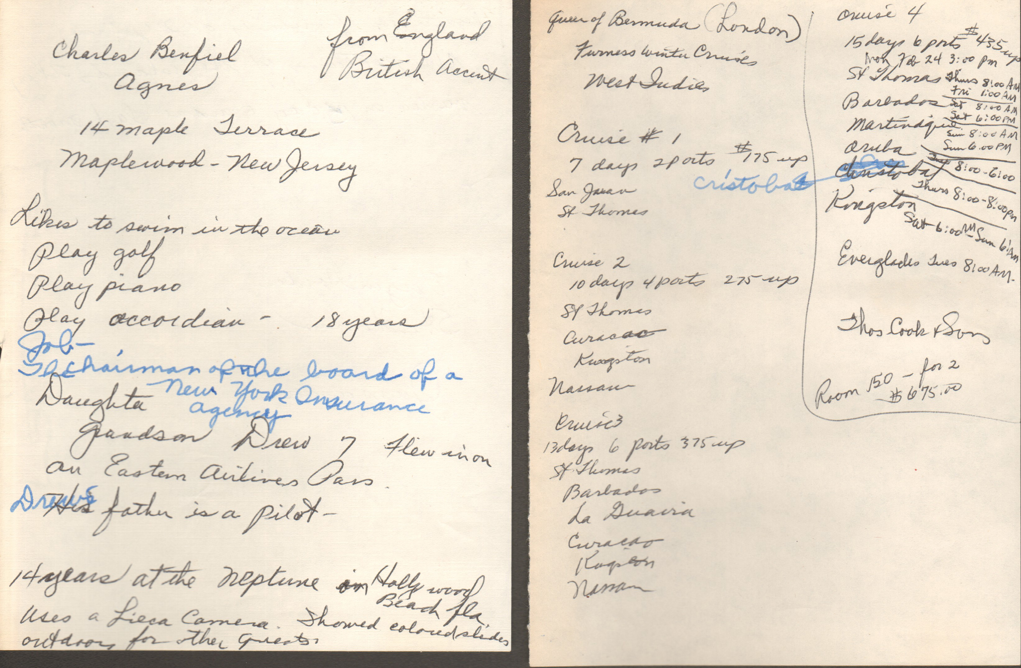 Rosemary's note about Benfield's slide show of West Indies cruise and his life history.