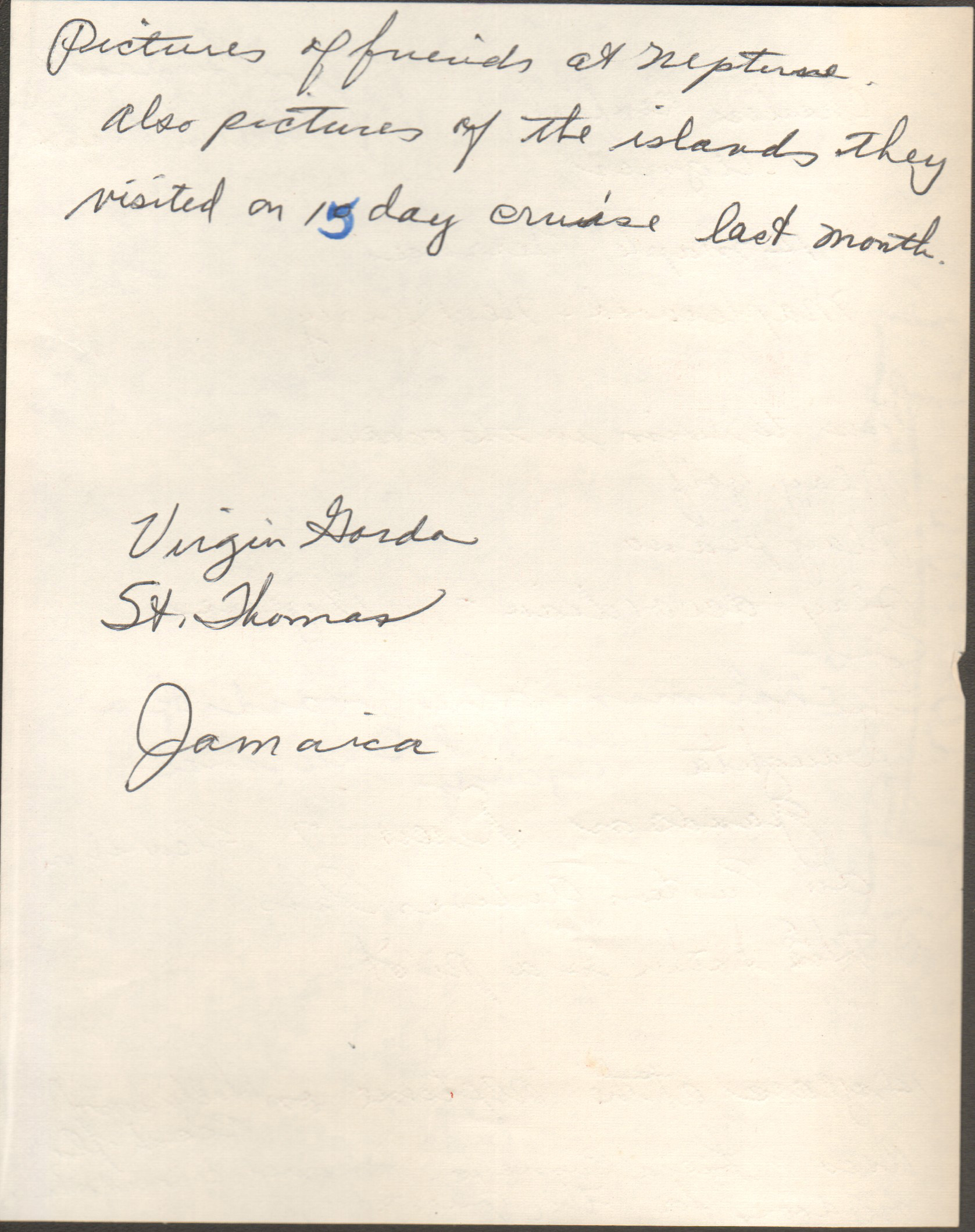 Rosemary's note about Benfield's slide show of West Indies cruise and his life history