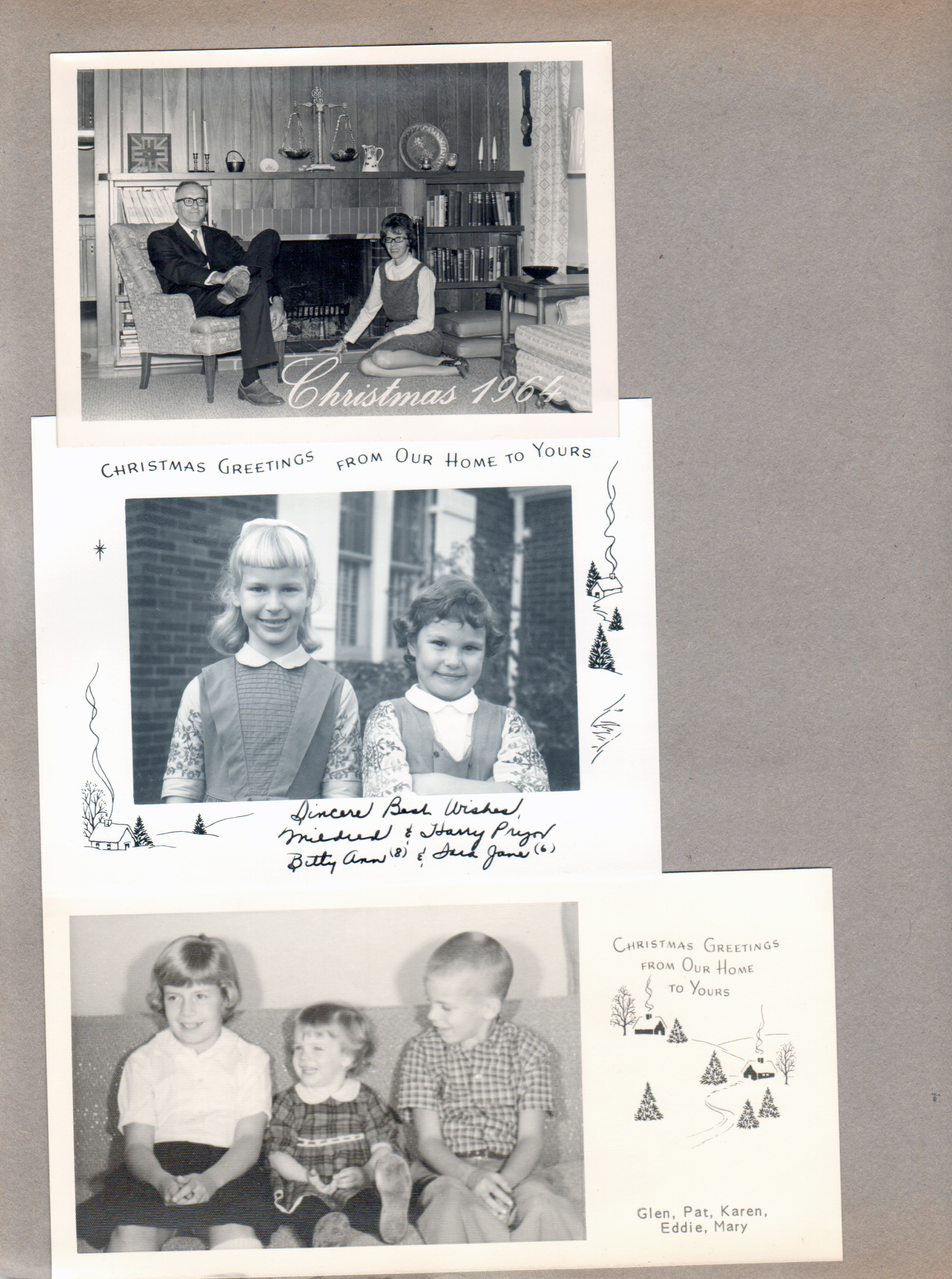 Christmas Cards - Warren and Sara - first Christmas together - 415 W. State, Kokomo. (Went to Springfield for Christmas). the Pryors. The Glen Hagues.