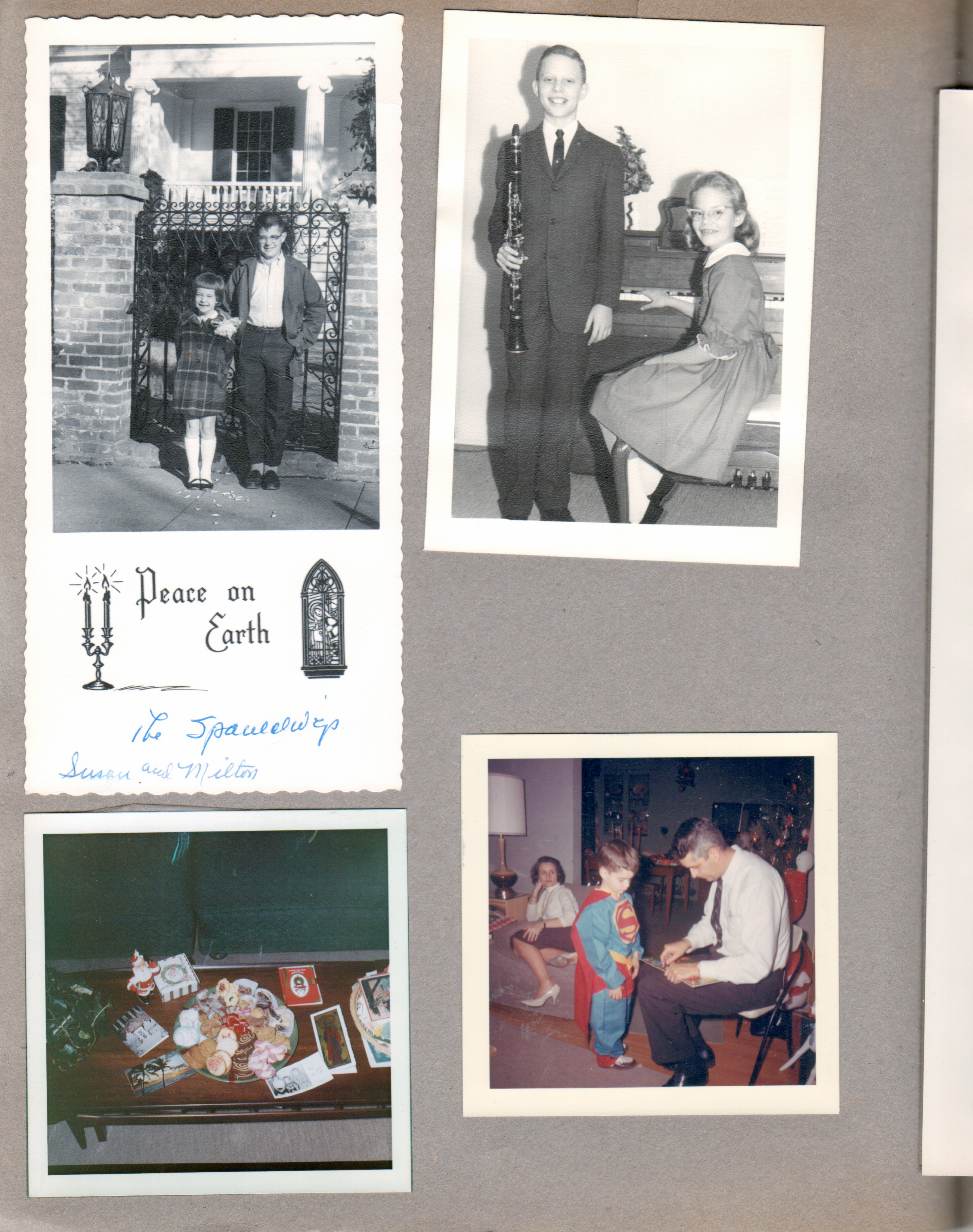 Christmas Cards - The Spauldings - Susan and Milton. Dec 64 - Gary 12, Wendy 9. Rosemary's Christmas Cookies tray in living room 6122. Rosemary, Alan Superman and John in living room.