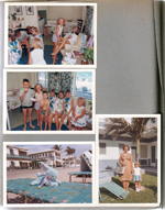 Hollywood Beach - Neptune - inside apartment coloring Easter eggs - Kim, Peggy Peterson, Bobbie and Patti Kowalik, Julie Louden (right), Alan and Susan. Plush Easter Bunny on lounge on beach, Neptune behind. Mrs Louden and Julie.